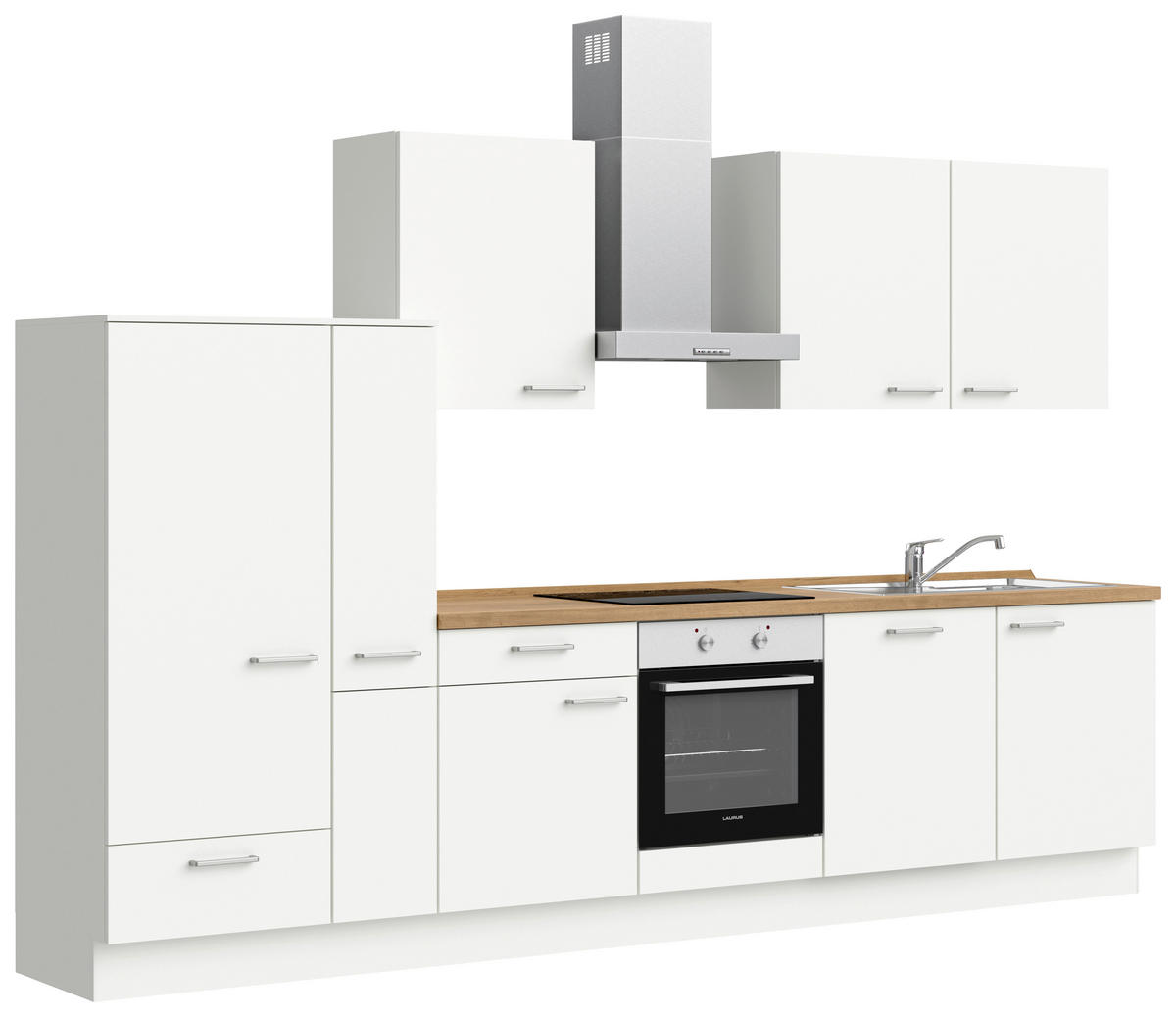 KÜCHENBLOCK 330 cm   in Weiß, Eichefarben  - Edelstahlfarben/Eichefarben, MODERN, Holzwerkstoff/Metall (330cm) - Nobilia