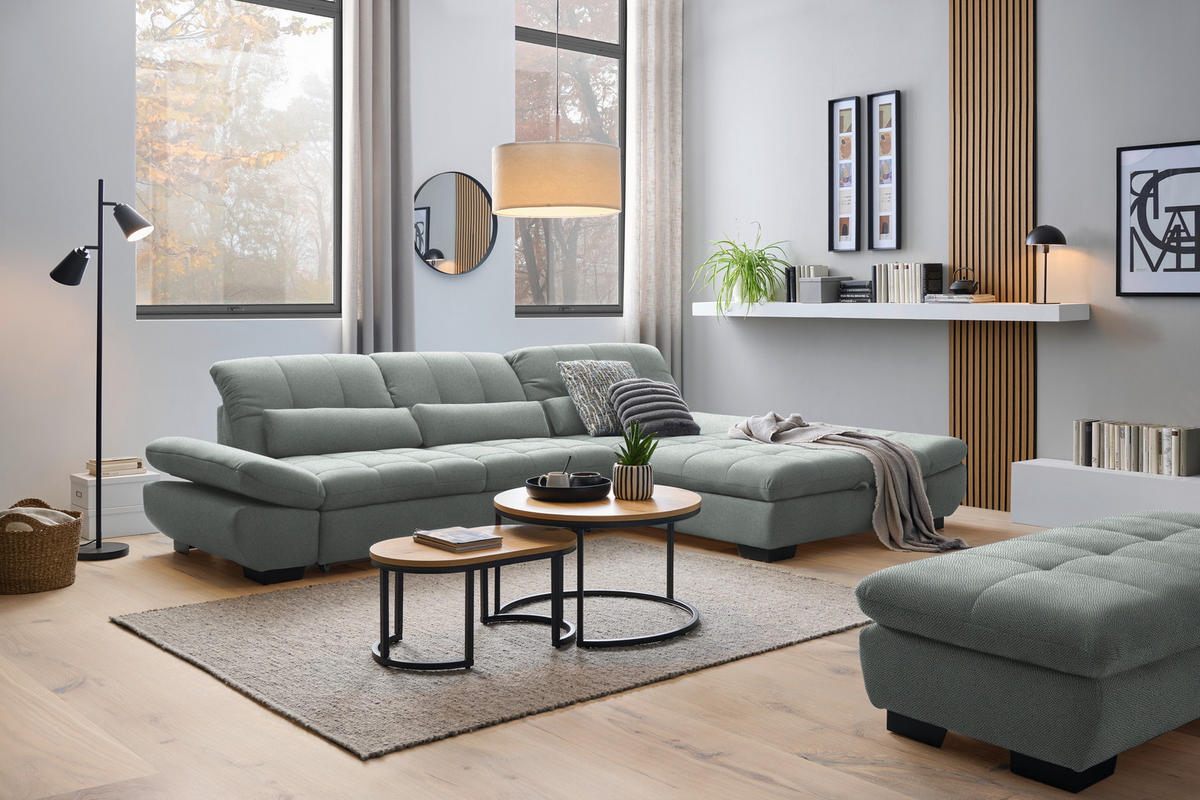 ECKSOFA  in Flachgewebe Mintgrau  341/204 cm  - Mintgrau/Schwarz, Design, Textil/Metall (341/204cm) - Xora
