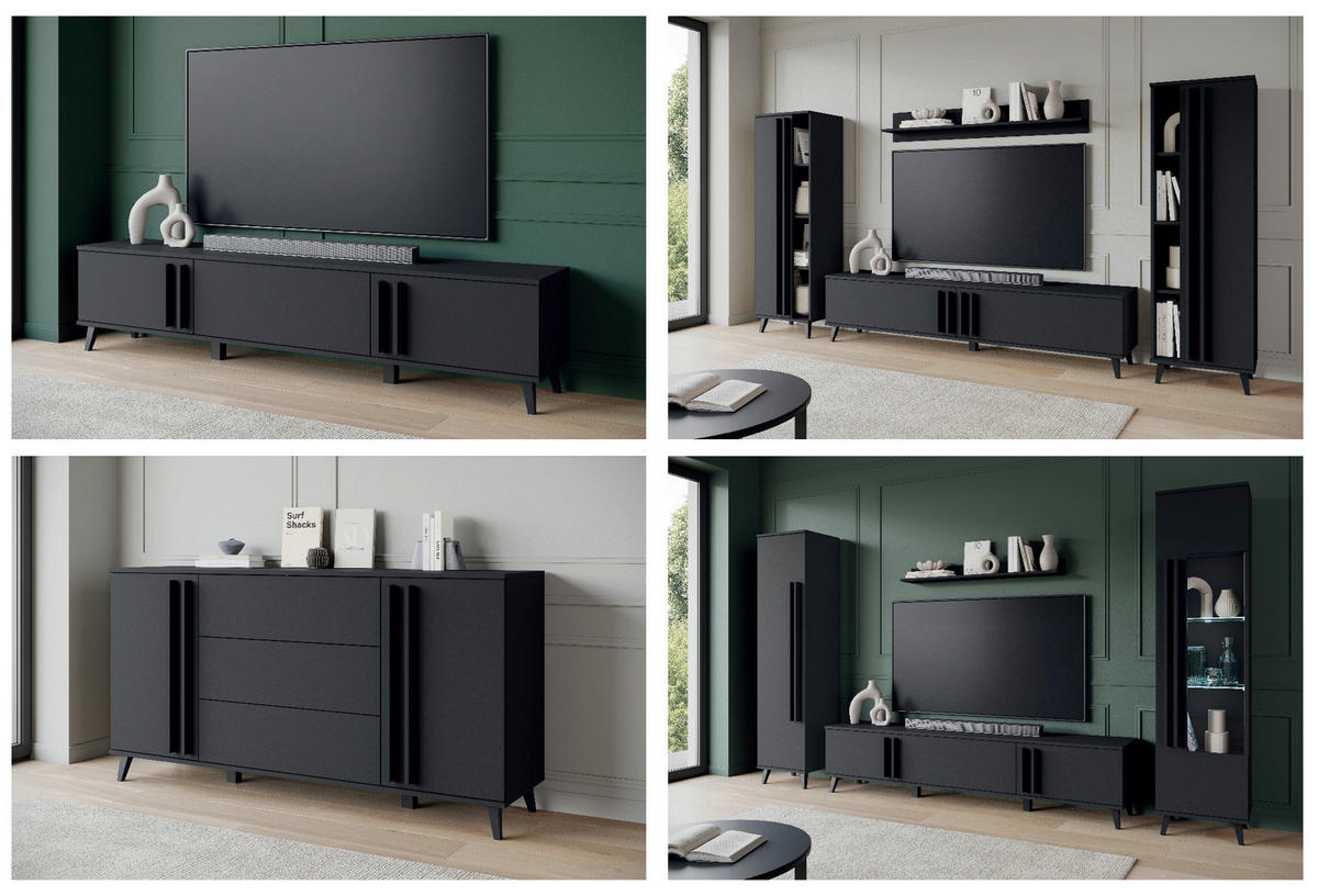 WOHNWAND 4-teilig  in Schwarz 270/140/33 cm  - Schwarz, Trend, Holzwerkstoff/Kunststoff (270/140/33cm)