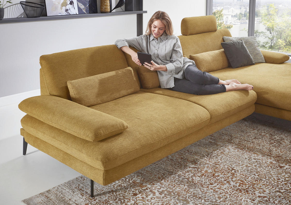 ECKSOFA in Chenille Currygelb  - Currygelb/Schwarz, Design, Textil/Metall (310/180cm) - Dieter Knoll