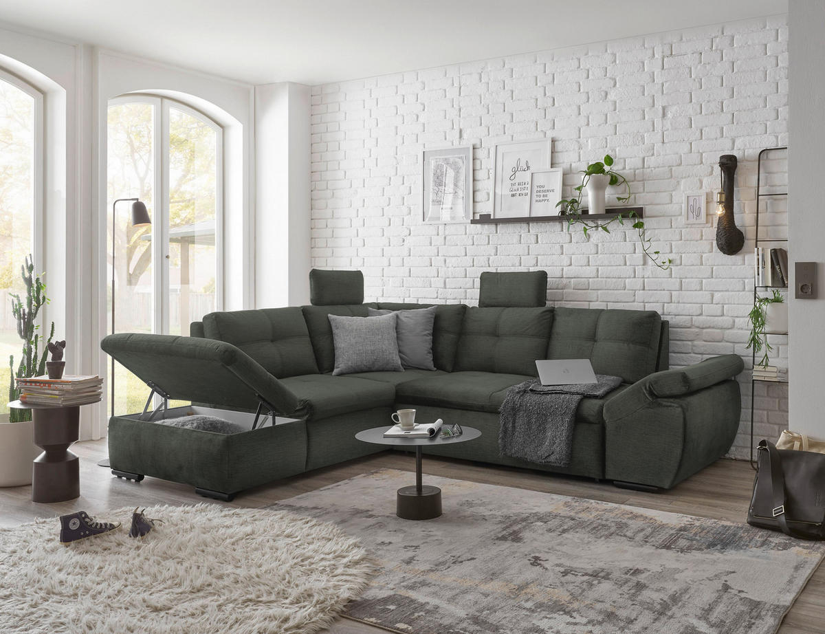 ECKSOFA in Mikrovelours Dunkelgrün  - Dunkelgrün/Schwarz, Konventionell, Kunststoff/Textil (217/265cm) - Carryhome