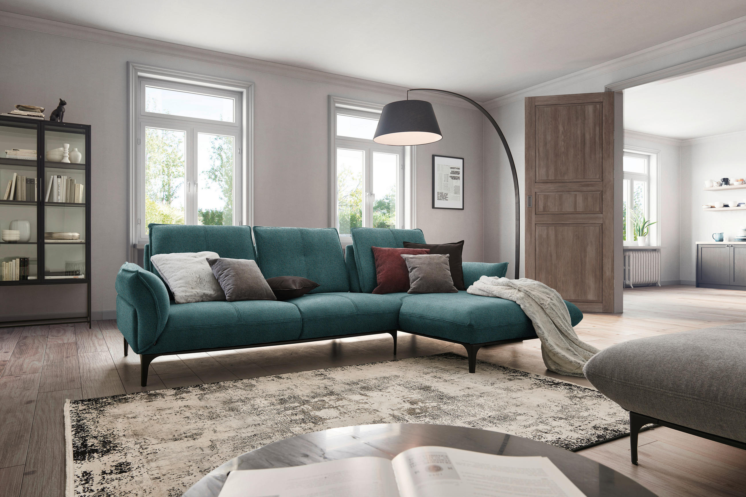 ECKSOFA in Webstoff Petrol  - Petrol/Schwarz, Natur, Textil (277/182cm) - Valnatura