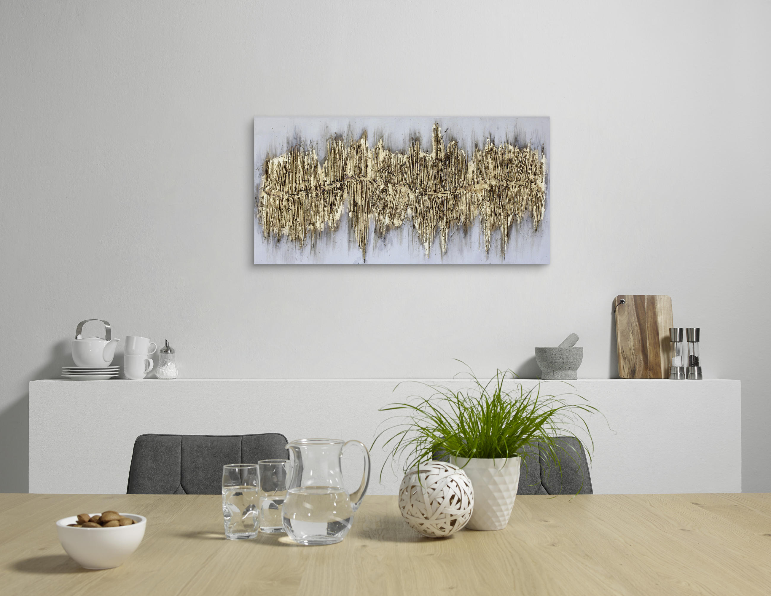 Thumbnail - Monee Ölgemälde, Gold, Holz, Textil, Tanne, massiv, rechteckig, 120x60 cm, handgemalt, 3D-Effekt, Bilder und Zubehör, Wa...