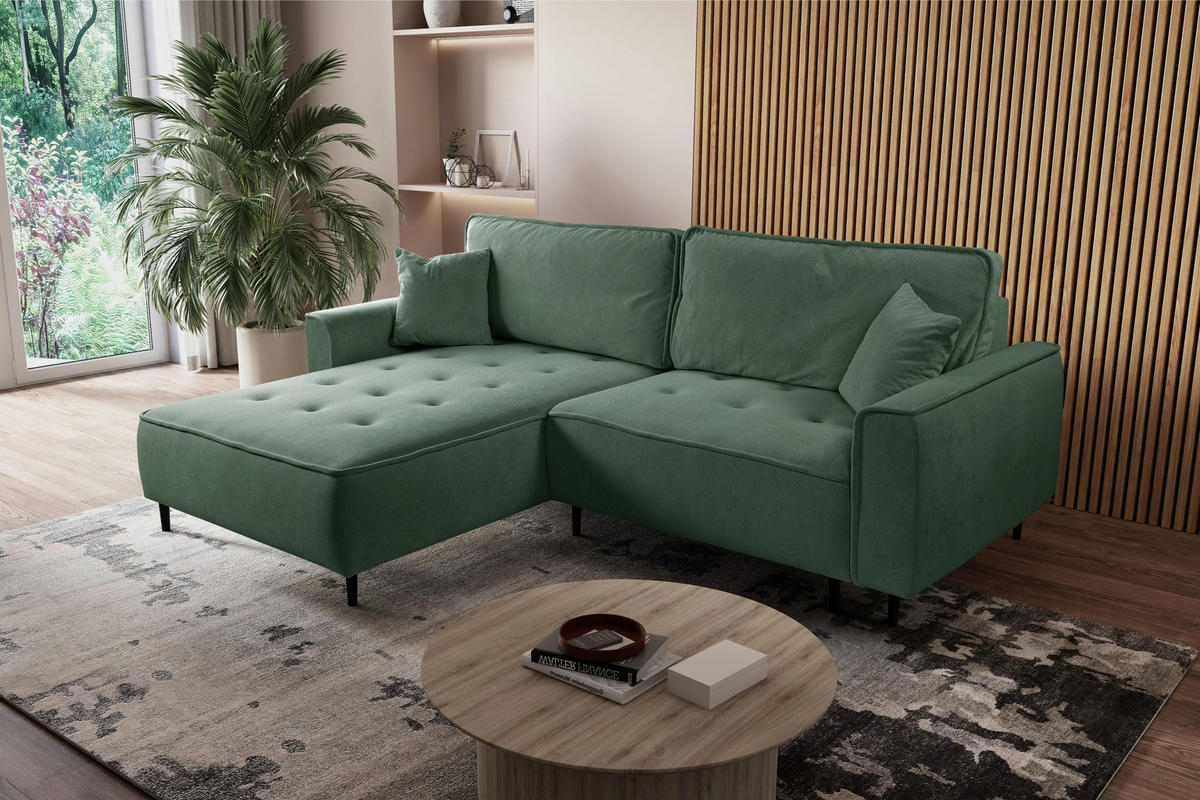 ECKSOFA in Flachgewebe Grün  - Schwarz/Grün, Design, Holz/Textil (183/263cm) - MID.YOU