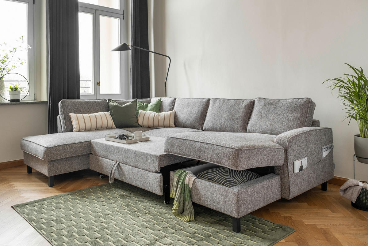 WOHNLANDSCHAFT in Struktur Grau  - Schwarz/Grau, Holz/Textil (198/298/148cm) - MID.YOU