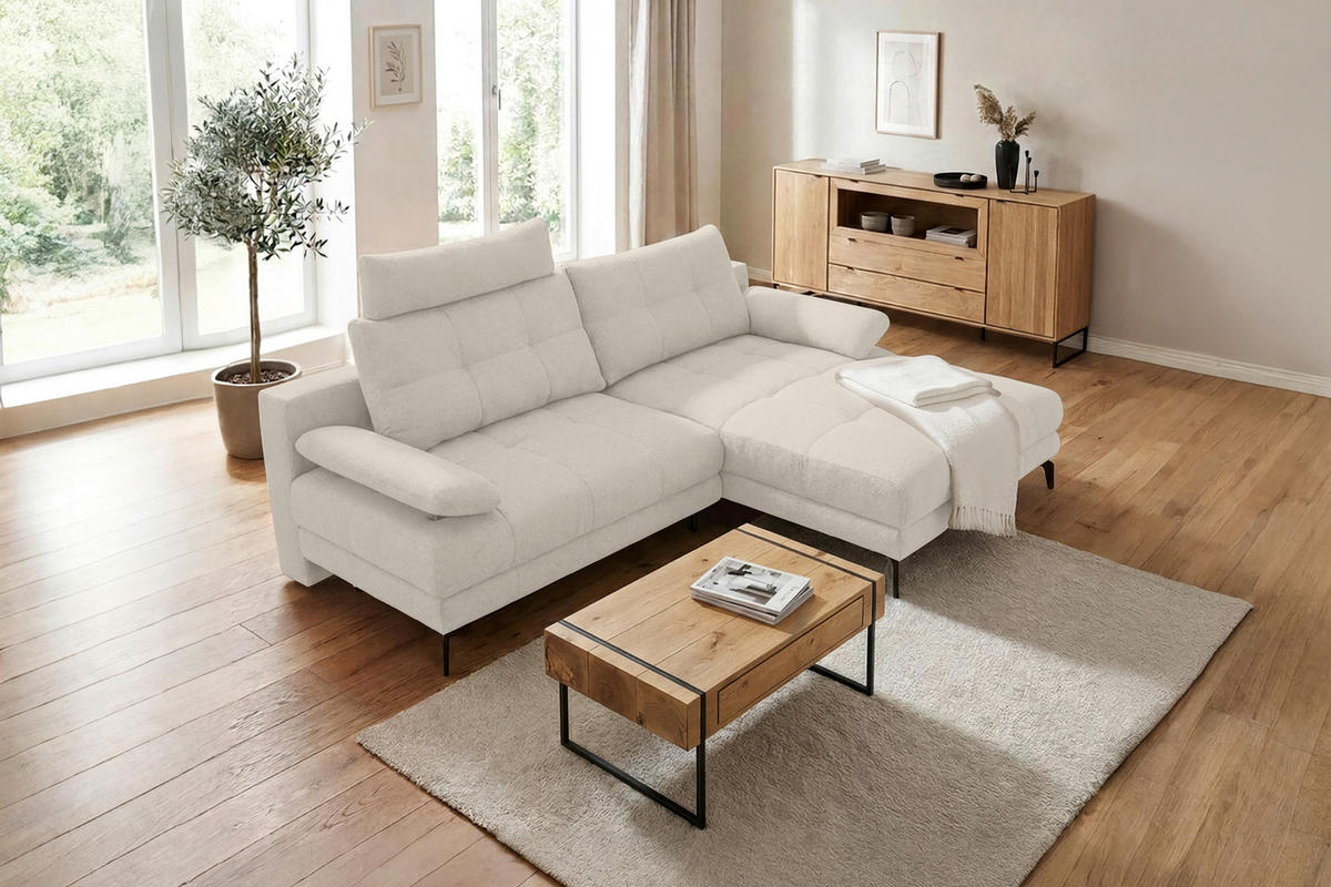 ECKSOFA Perlmutt Struktur Rückenkissen, Bettkasten, Schlaffunktion, Rücken echt, Armteilverstellung, Liegefläche im Originalstoff  - Beige/Perlmutt, MODERN, Textil/Metall (263/181cm) - Carryhome