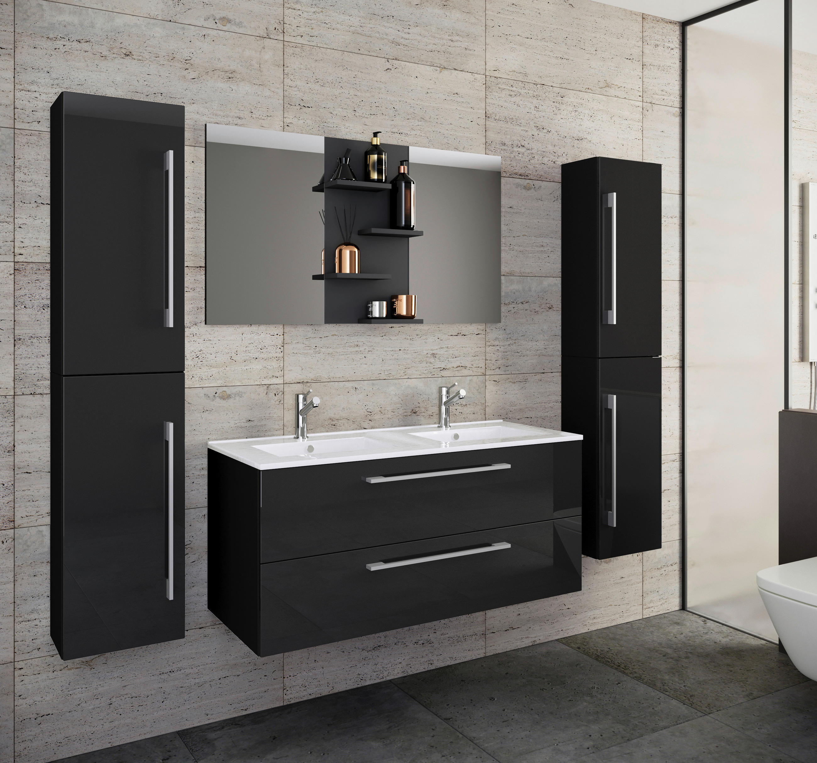 BADEZIMMER 5-teilig  in 178 cm  - Alufarben/Schwarz, MODERN, Keramik/Holzwerkstoff (178cm) - MID.YOU