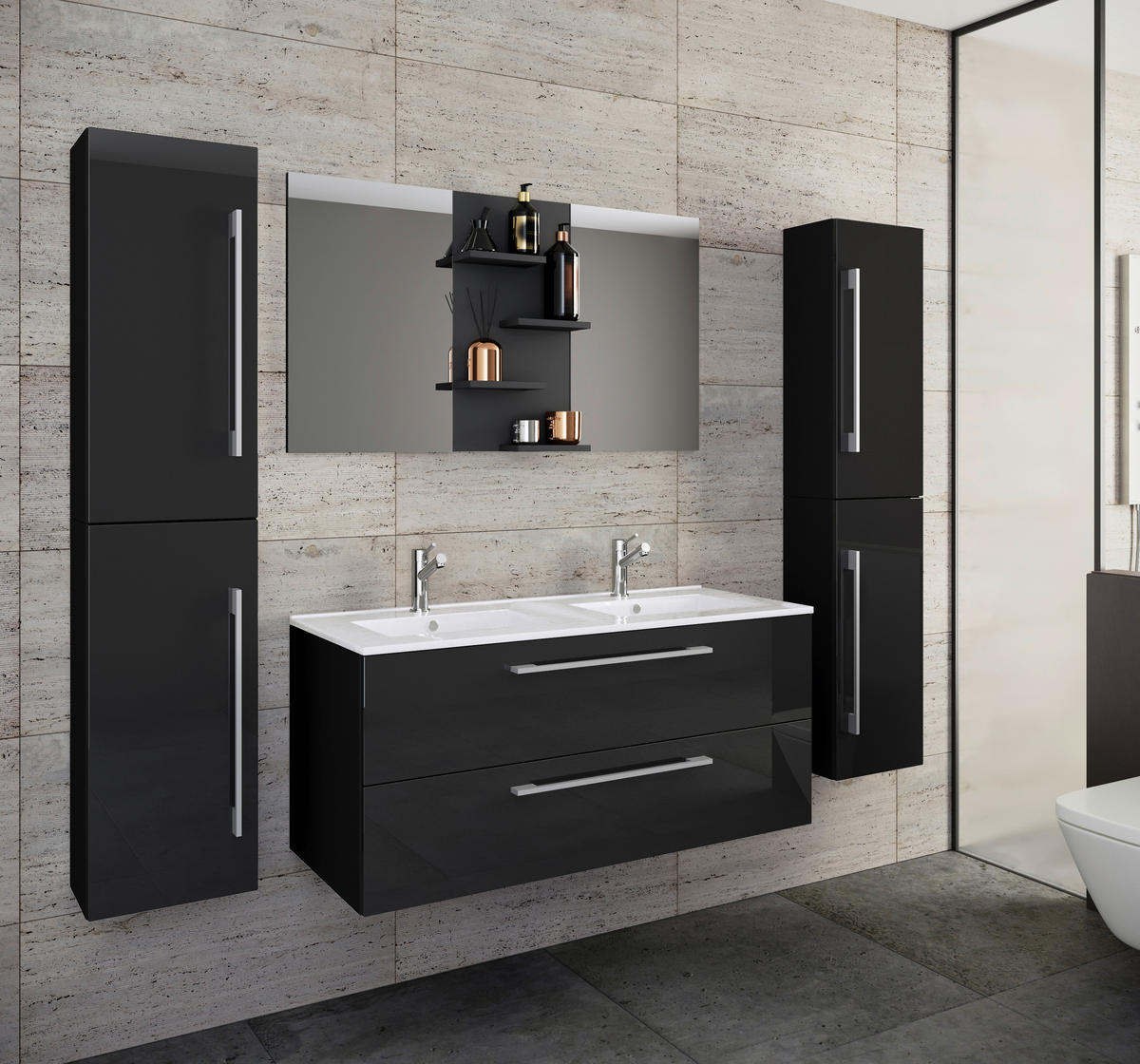 BADEZIMMER 5-teilig  in 178 cm  - Alufarben/Schwarz, MODERN, Keramik/Holzwerkstoff (178cm) - MID.YOU