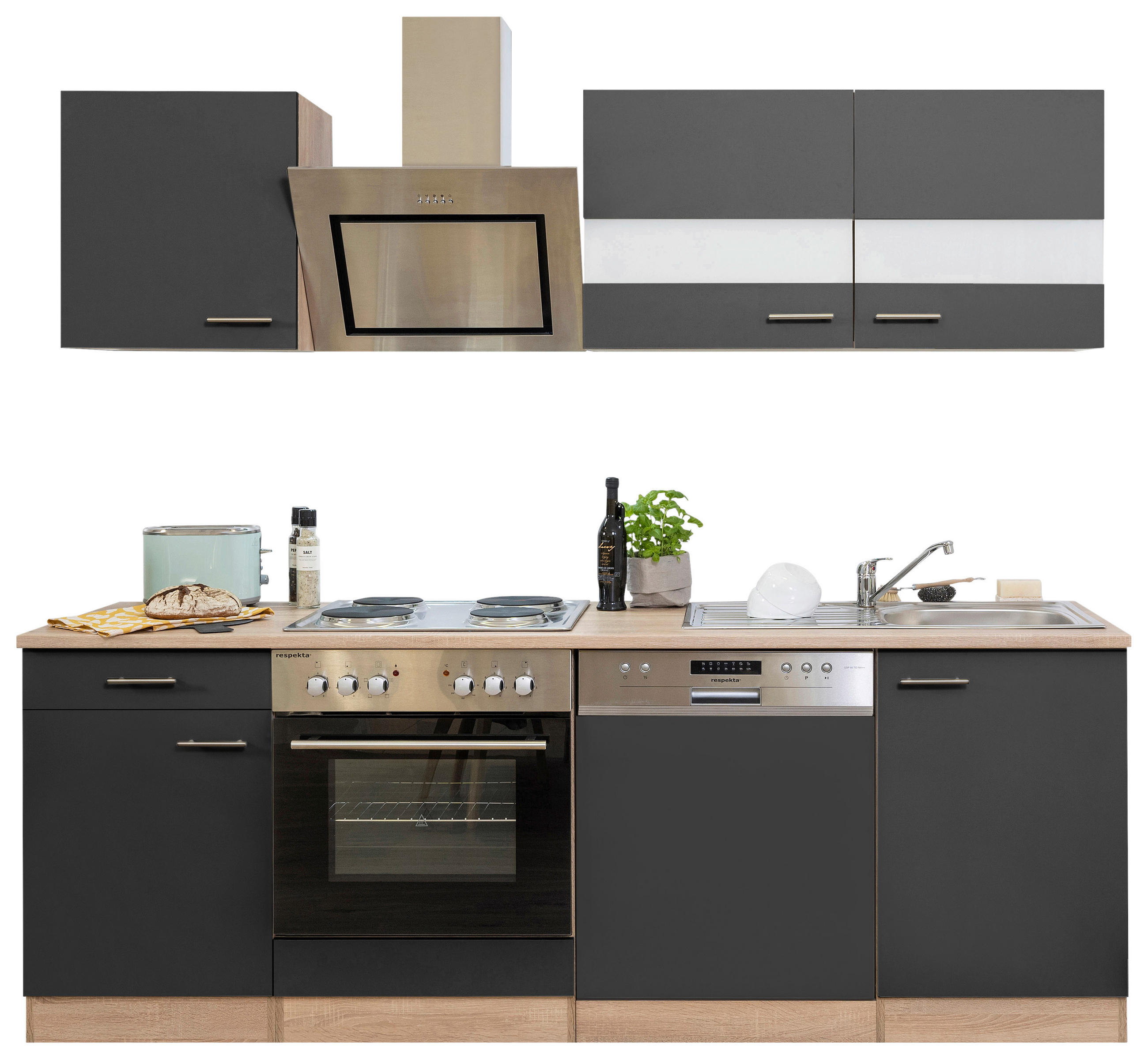 KÜCHENBLOCK 220 cm in Grau - Edelstahlfarben/Eichefarben, Basics, Holzwerkstoff/Metall (220cm) - Respekta