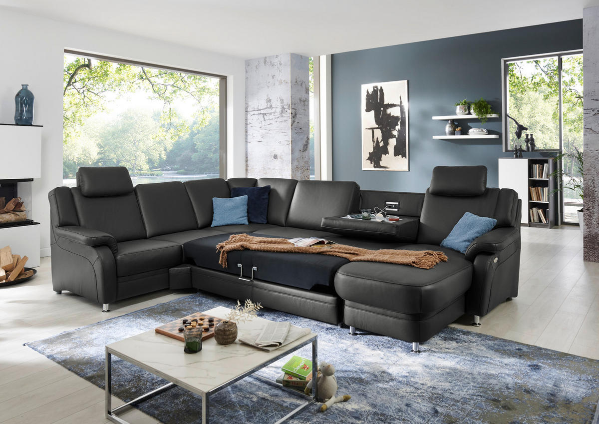 WOHNLANDSCHAFT in Echtleder Anthrazit  - Anthrazit/Alufarben, Konventionell, Leder/Metall (239/329/165cm) - Beldomo Premium