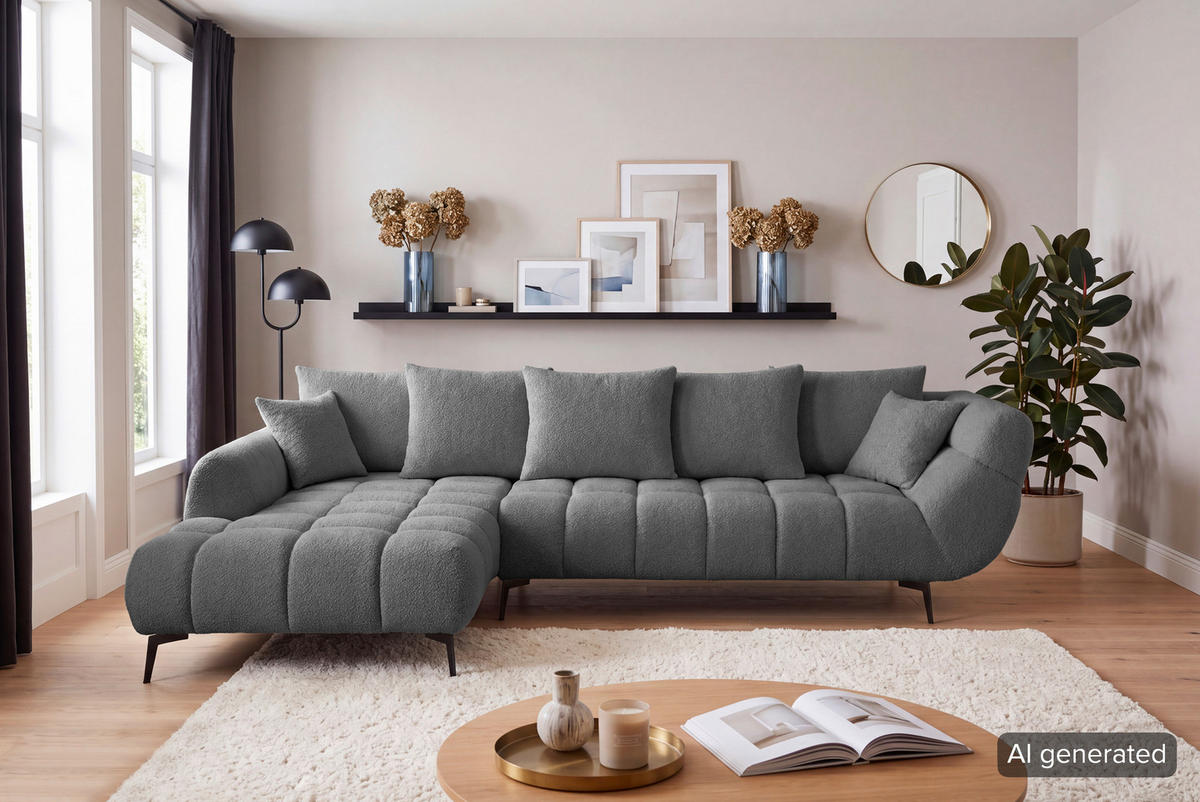 ECKSOFA Grau Bouclé Zierkissen, Rückenkissen, Rücken echt  - Schwarz/Grau, MODERN, Textil/Metall (217/318cm) - Carryhome