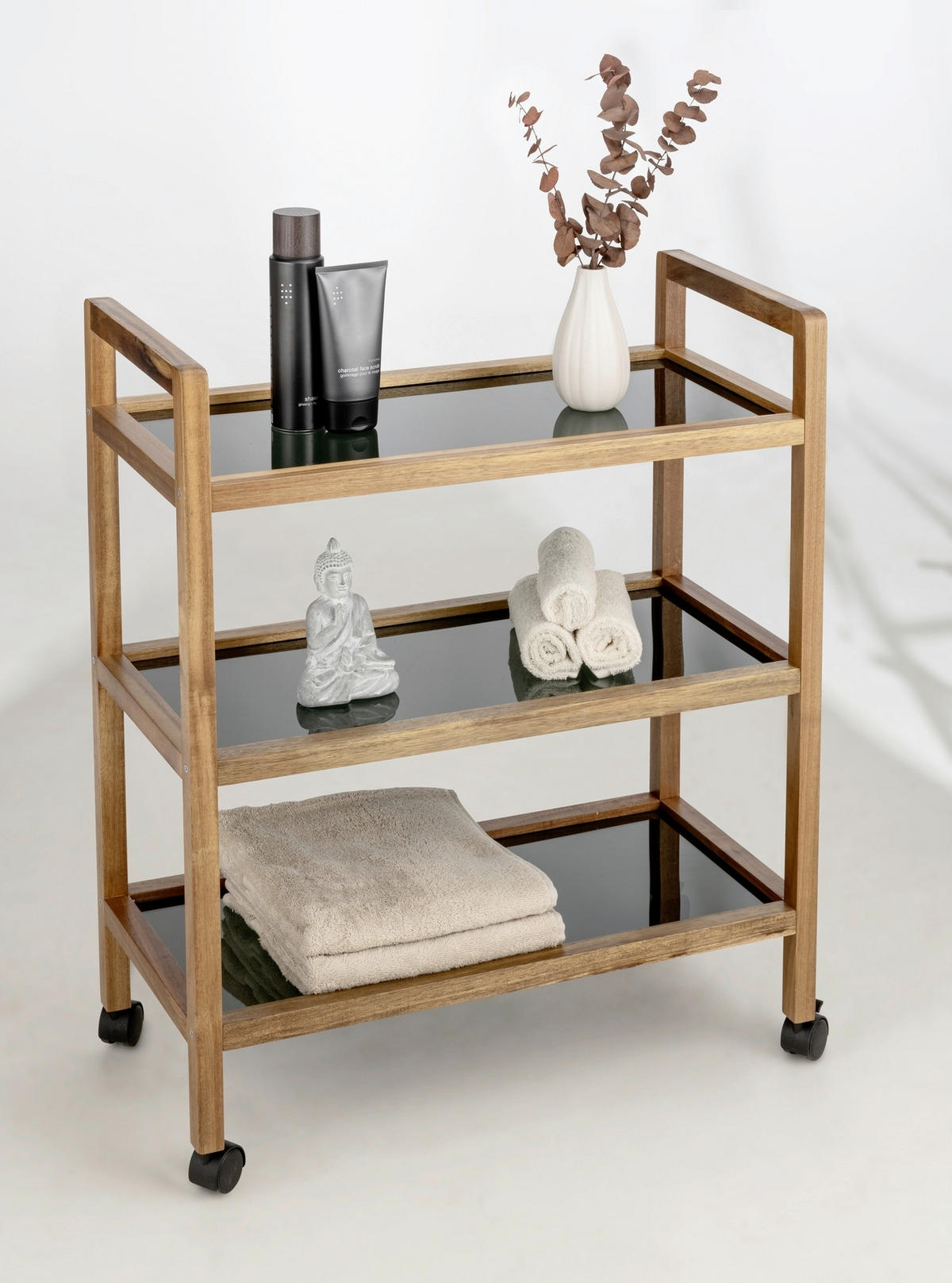 BADEZIMMERREGAL 65/76,5/31 cm  - Schwarz/Braun, Basics, Glas/Holz (65/76,5/31cm) - Wenko