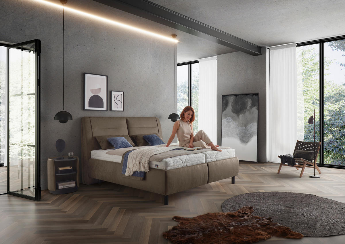 POLSTERBETT 180/200 cm,  in Graubraun, Matratze, gepolstertes Kopfteil, unterschiedliche Matratzenhärtegrade je Bettseite, H3 + H4 = fest + sehr fest  - Weiss/Graubraun, Konventionell, Holz/Holzwerkstoff (180/200cm) - Dieter Knoll