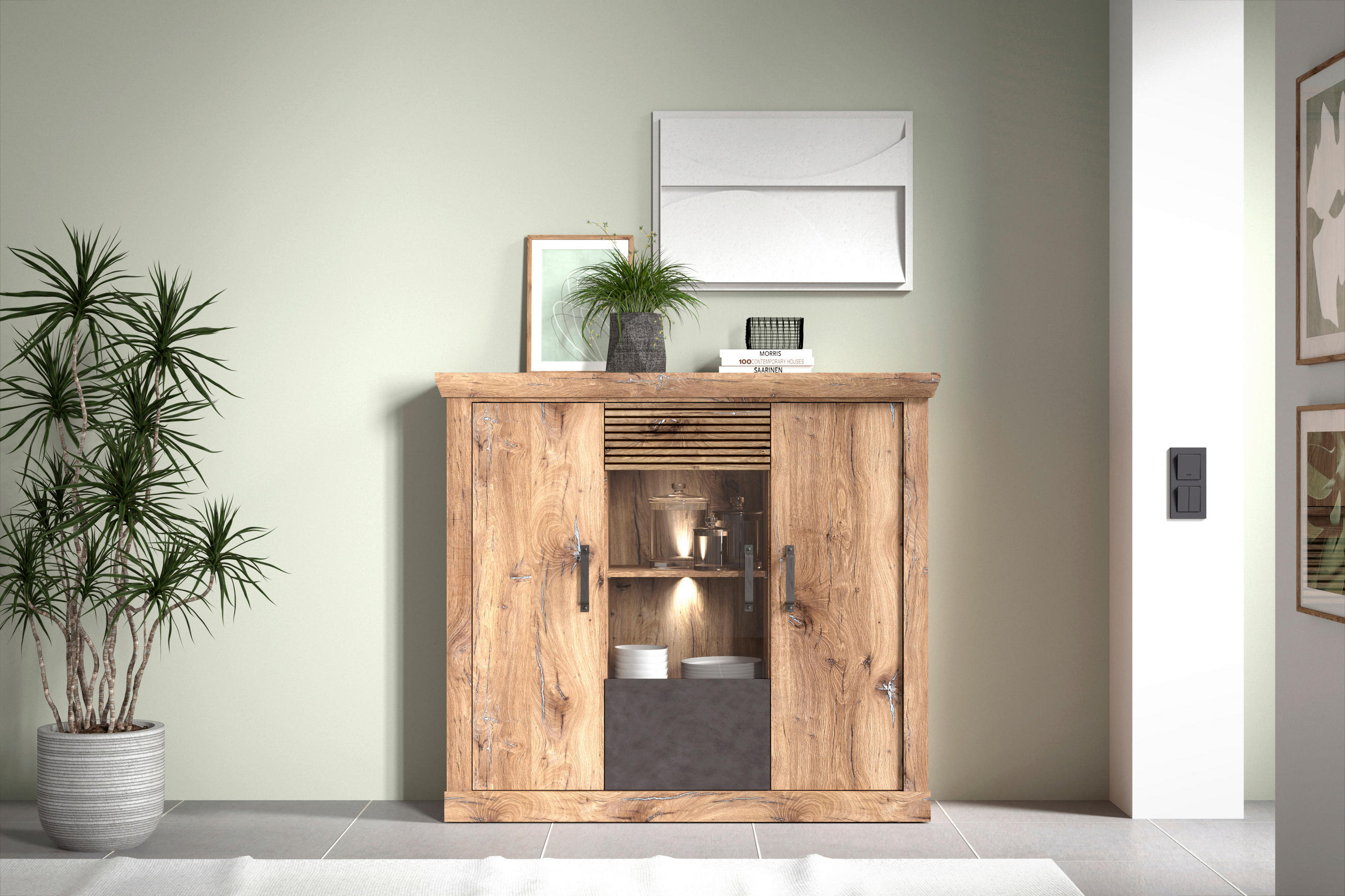 HIGHBOARD 133,9/120/40 cm  in Anthrazit, Eichefarben  - Eichefarben/Anthrazit, KONVENTIONELL, Glas/Holzwerkstoff (133,9/120/40cm) - Carryhome