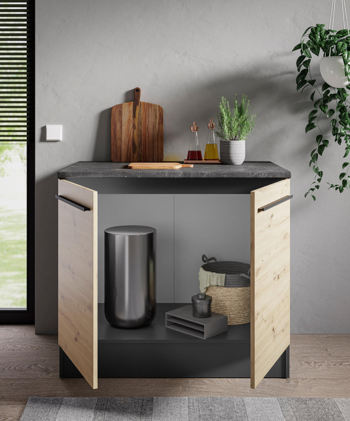 SPÜLENUNTERSCHRANK 100/90/60 cm  in Anthrazit, Eiche Artisan  - Anthrazit/Schwarz, Design, Holzwerkstoff/Kunststoff (100/90/60cm) - P & B