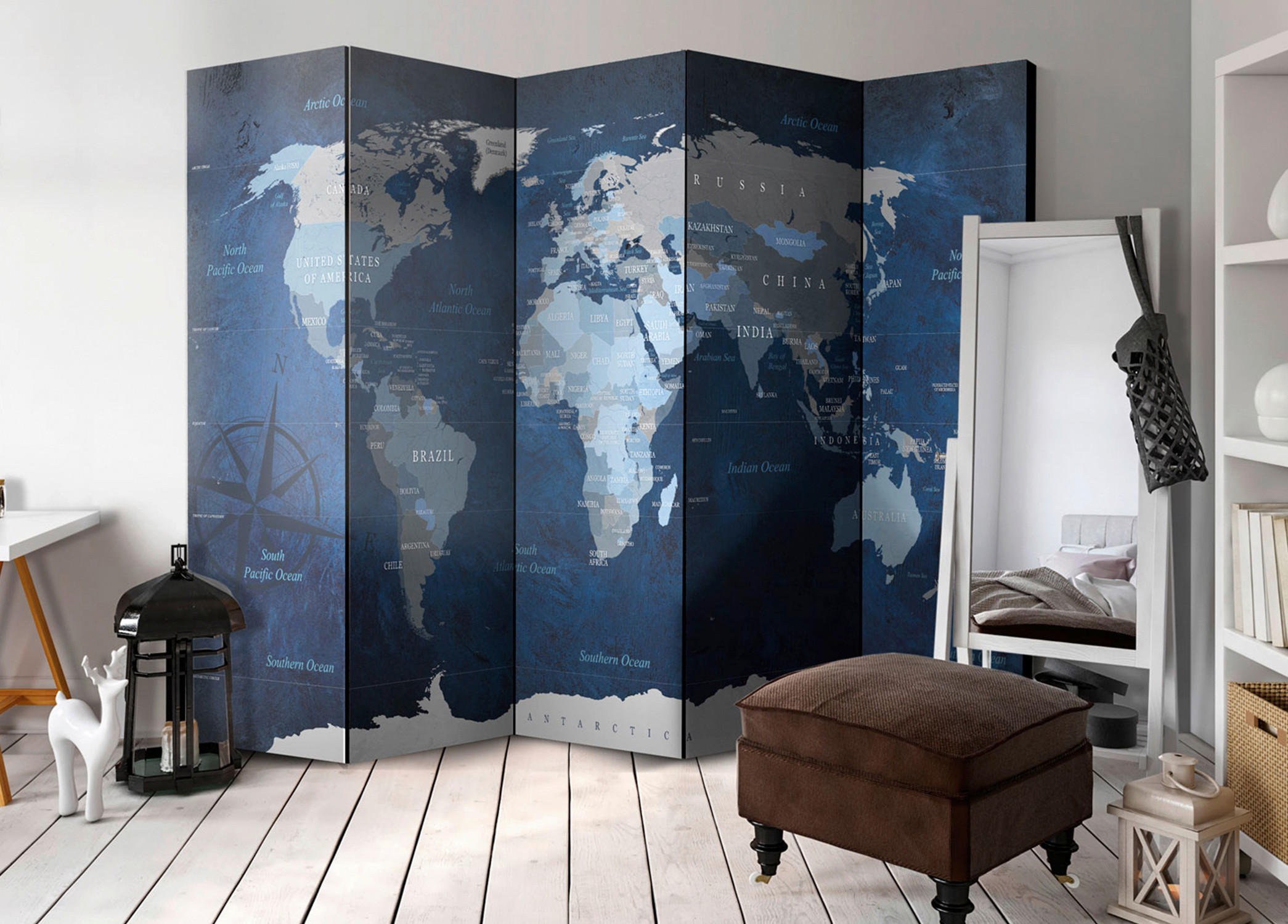 PARAVENT mit 5  Flügel - Blau/Grau, Basics, Holz/Textil (225cm) - artgeist