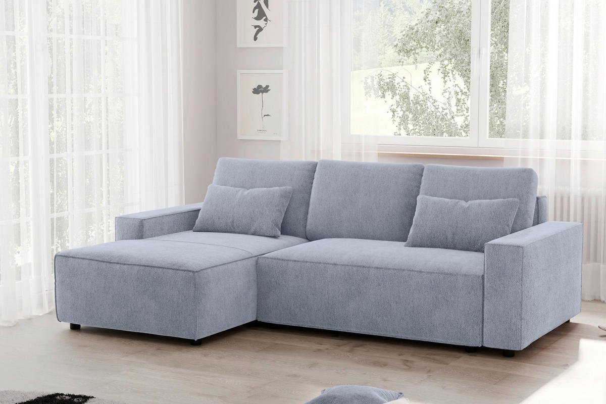 ECKSCHLAFSOFA  mit Rücken echt Chenille Hellblau  - Schwarz/Hellblau, MODERN, Kunststoff/Textil (154/247cm) - Livetastic
