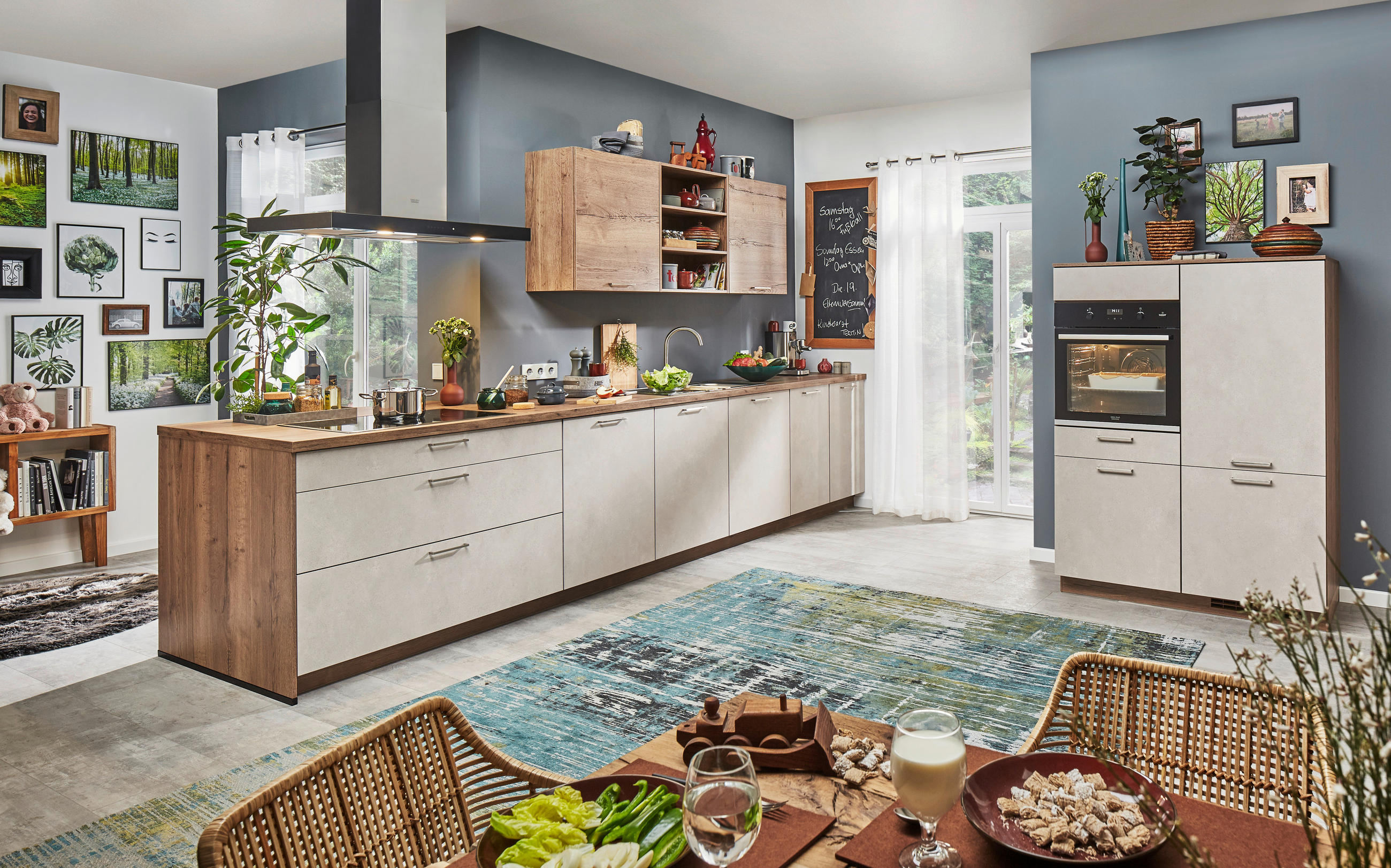 EINBAUKÜCHE   - Edelstahlfarben/Eichefarben, Design, Holzwerkstoff/Metall - Celina