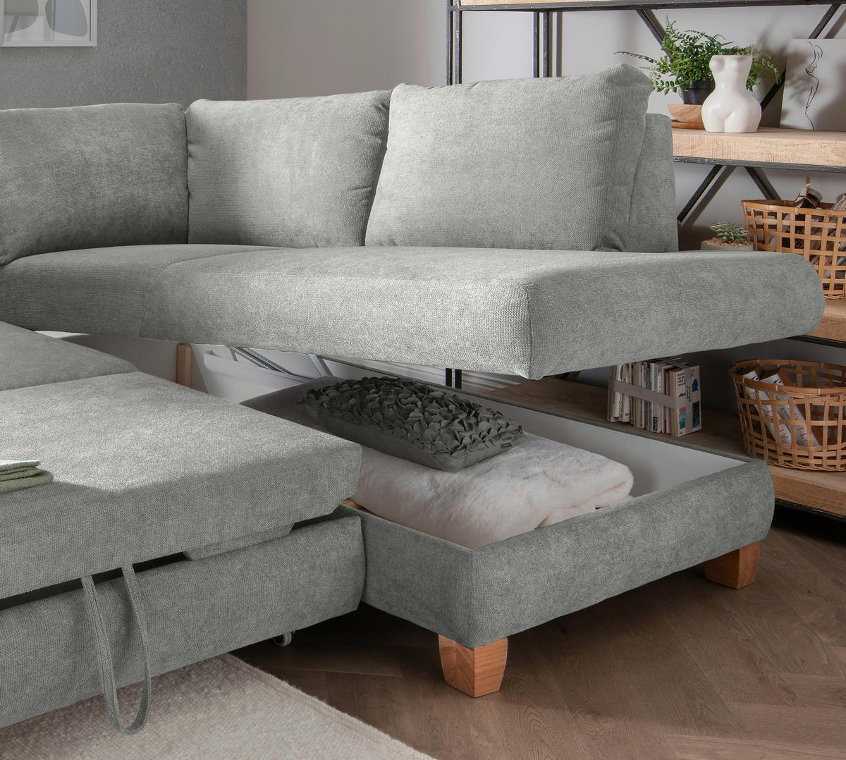 ECKSCHLAFSOFA in Chenille Grau  - Wildeiche/Grau, Modern, Holz/Textil (261/206cm) - Livetastic