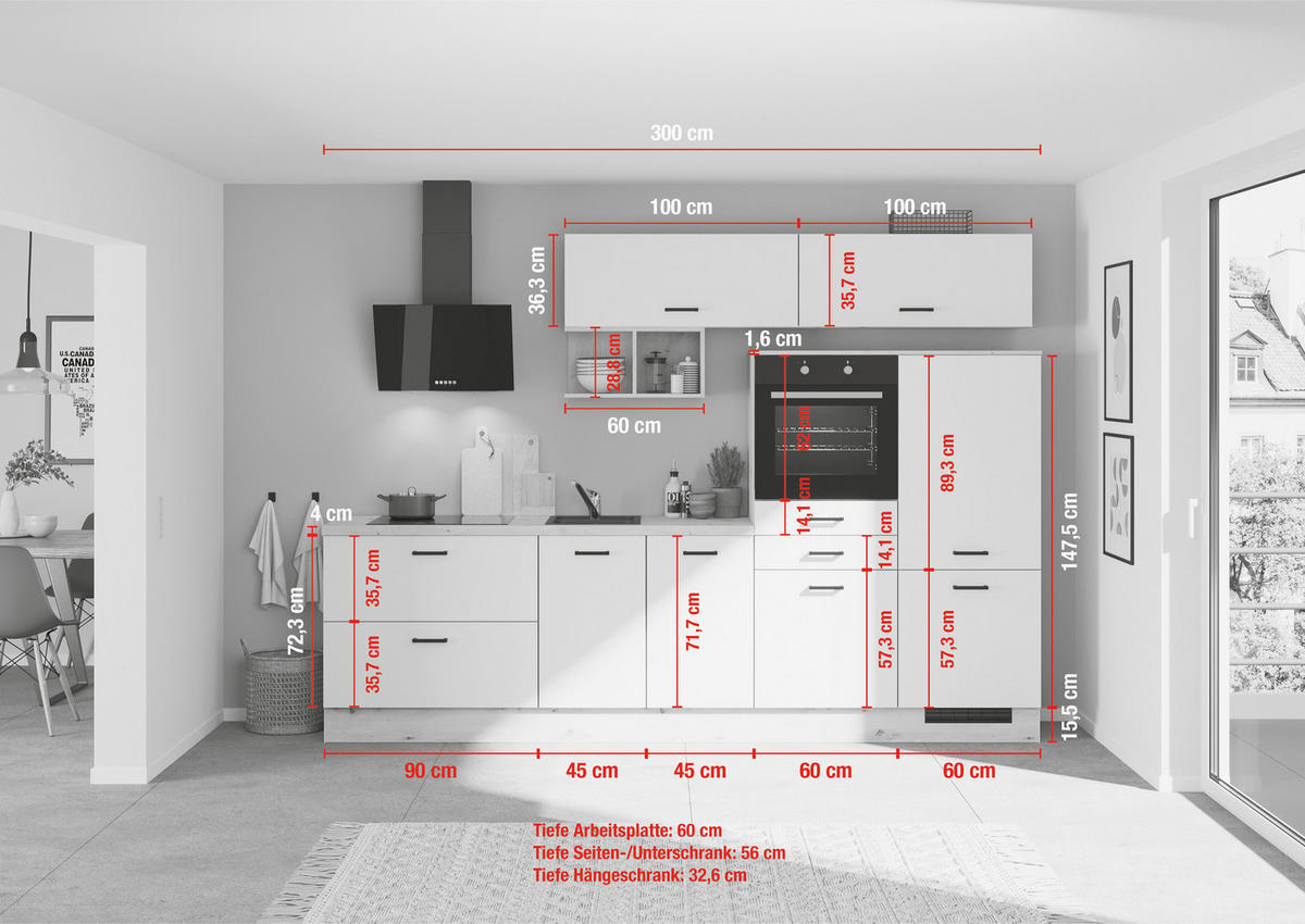 KÜCHENLEERBLOCK 300 cm   in Schwarz, Eiche dunkel  - Eiche dunkel/Schwarz, Design, Holzwerkstoff/Metall (300cm) - Impuls