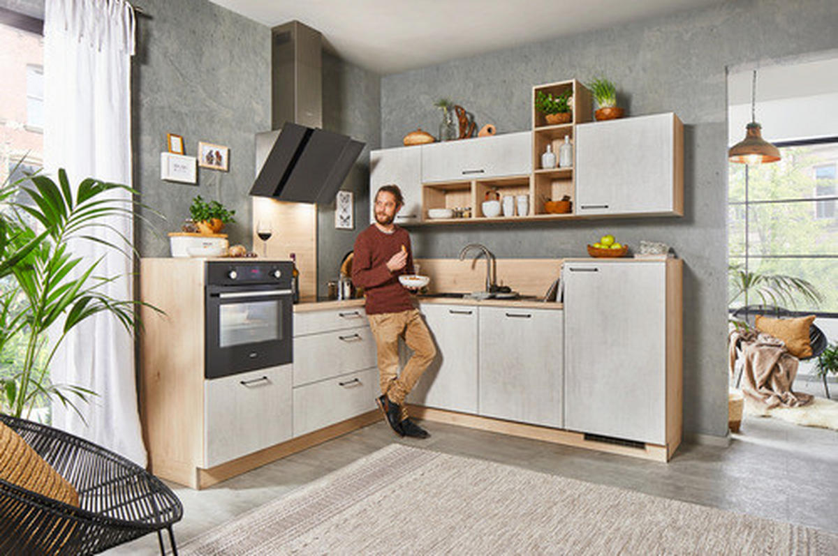 ROHOVÁ KUCHYŇA BASE 245 - biela/farba duba, Modern, kompozitné drevo (245/225cm) - Welnova