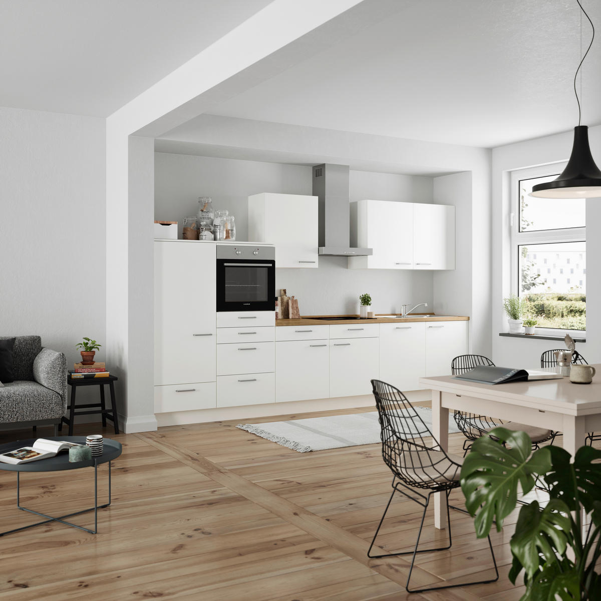 KÜCHENBLOCK 360 cm   in Weiß, Eichefarben  - Edelstahlfarben/Eichefarben, MODERN, Holzwerkstoff/Metall (360cm) - Nobilia