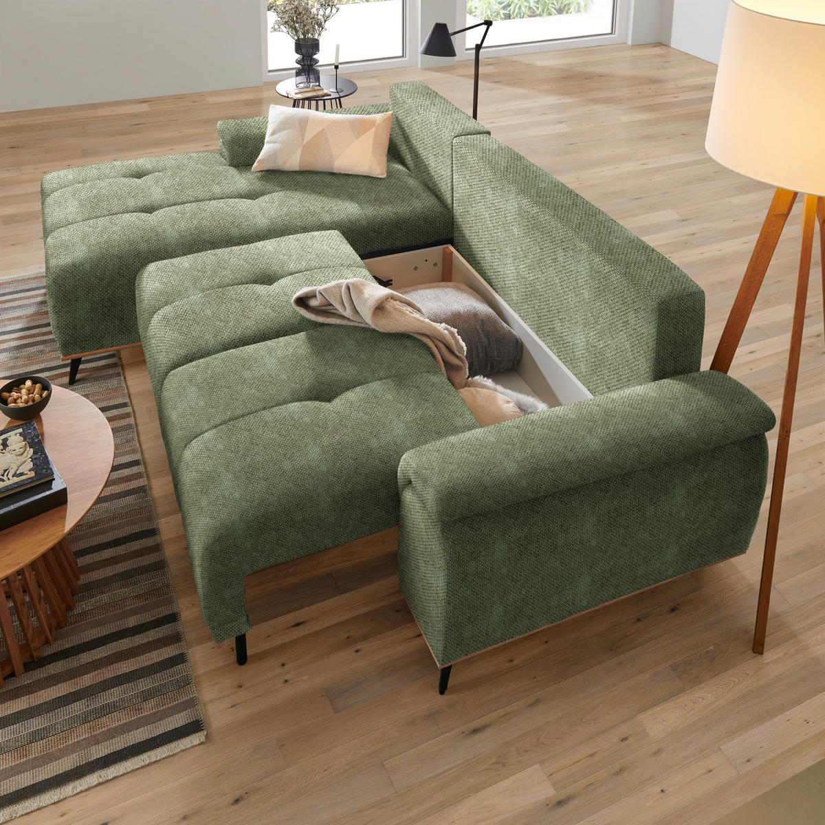 ECKSOFA in Struktur Olivgrün  - Schwarz/Olivgrün, Modern, Textil/Metall (168/262cm) - home24