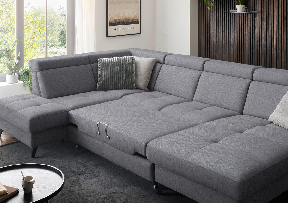 WOHNLANDSCHAFT Flachgewebe Grau  - Schwarz/Grau, Konventionell, Textil/Metall (215/333/174cm) - Beldomo System