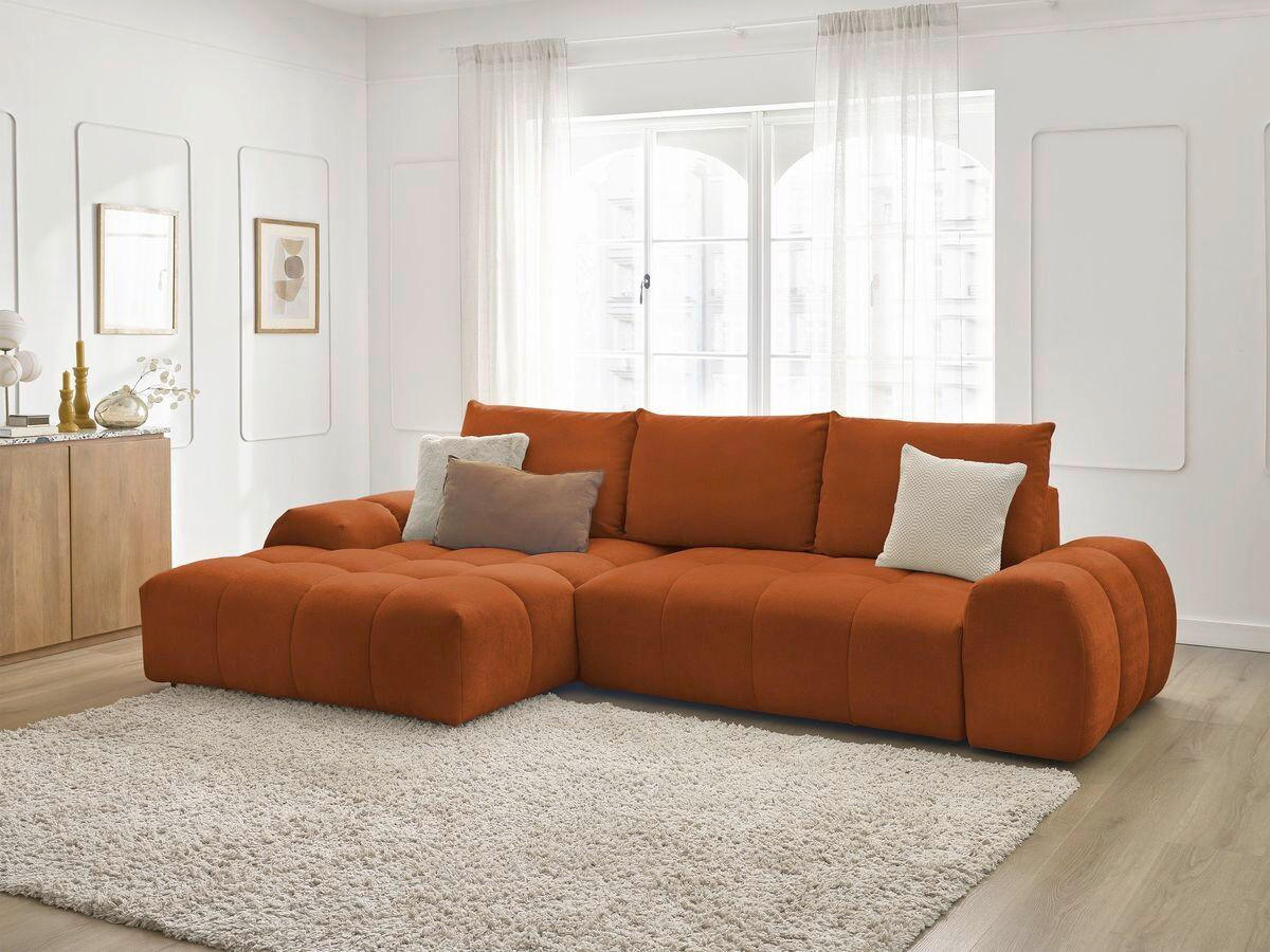 ECKSCHLAFSOFA EVEREST  mit Rücken echt, Armteil links, Armteil rechts Struktur Orange  - Schwarz/Orange, MODERN, Kunststoff/Textil (180/318cm) - Livetastic