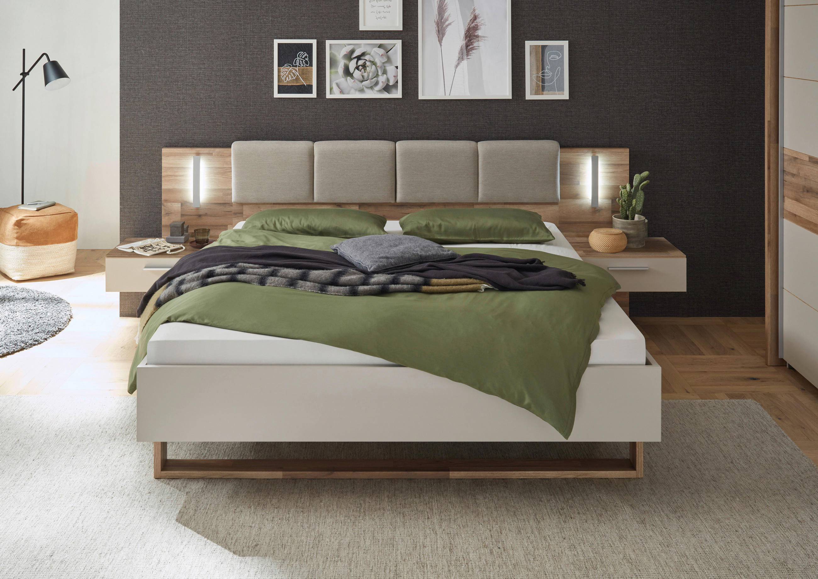 SET KREVETA I NOĆNIH ORMARIĆA   180/200 cm   boje hrasta, boje šampanjca  - boje hrasta/boje šampanjca, Moderno, drvni materijal (180/200cm) - MID.YOU