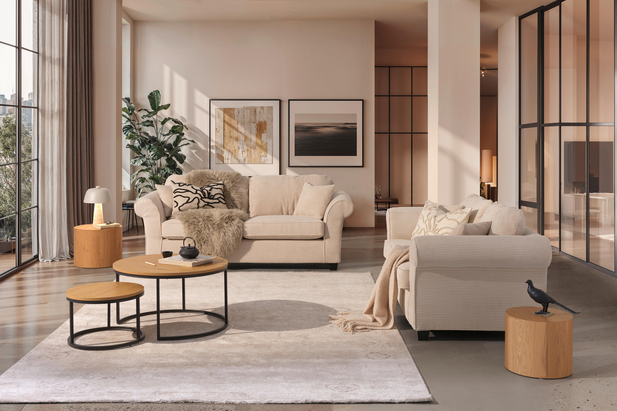 3-SITZER-SOFA in Cord Beige  - Dunkelbraun/Beige, KONVENTIONELL, Holz/Textil (215/70/90cm) - home24
