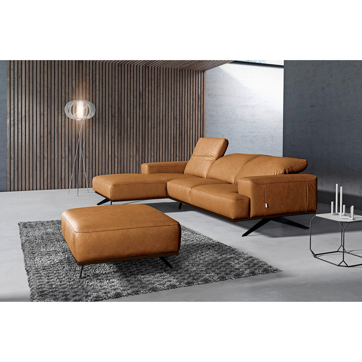 ECKSOFA Cognac Echtleder Rücken echt, Kopfteilverstellung  - Cognac/Schwarz, Design, Leder/Metall (187/295cm) - Livetastic