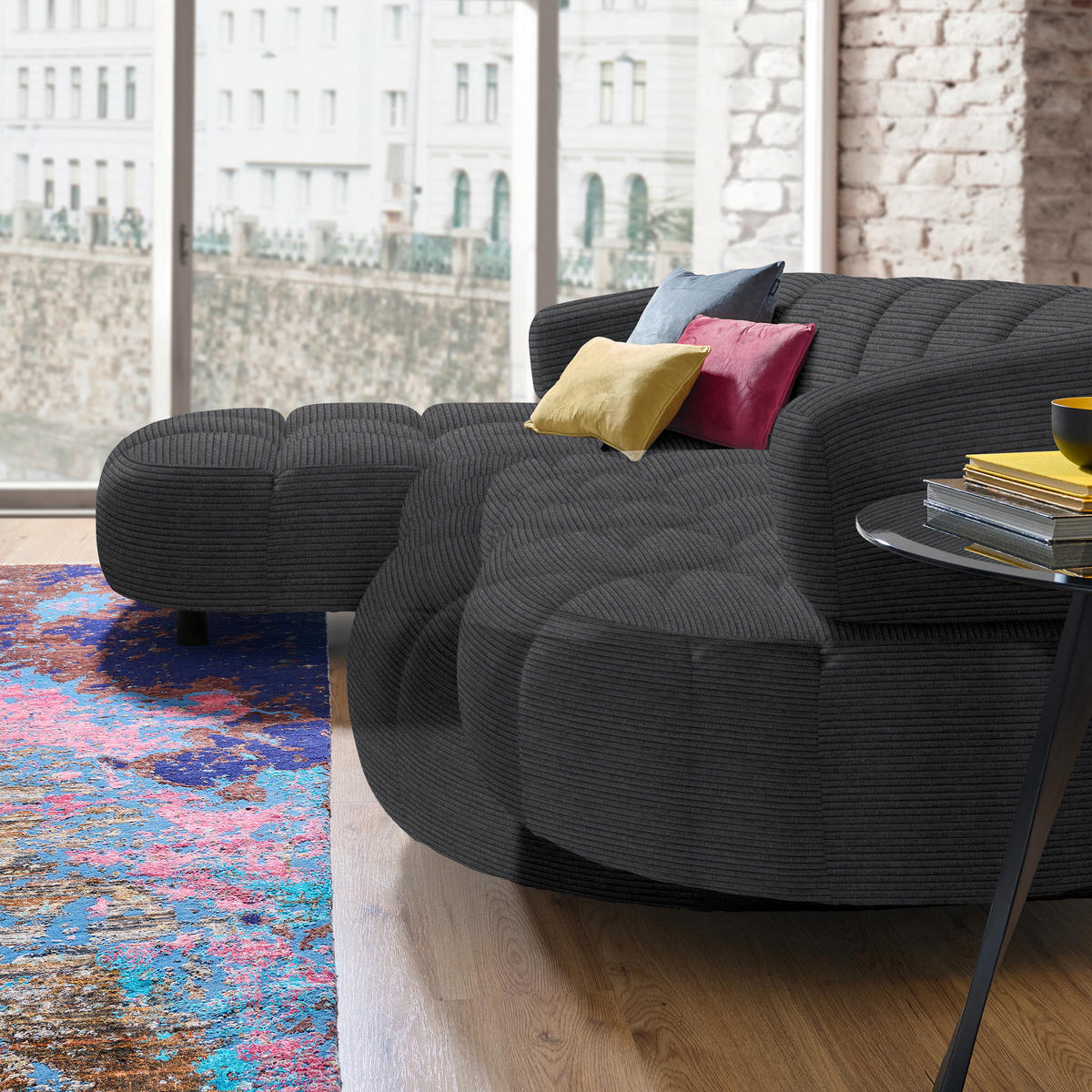 ECKSOFA in Cord, Velours Anthrazit  - Anthrazit/Schwarz, Design, Holz/Textil (183/284cm) - Welnova