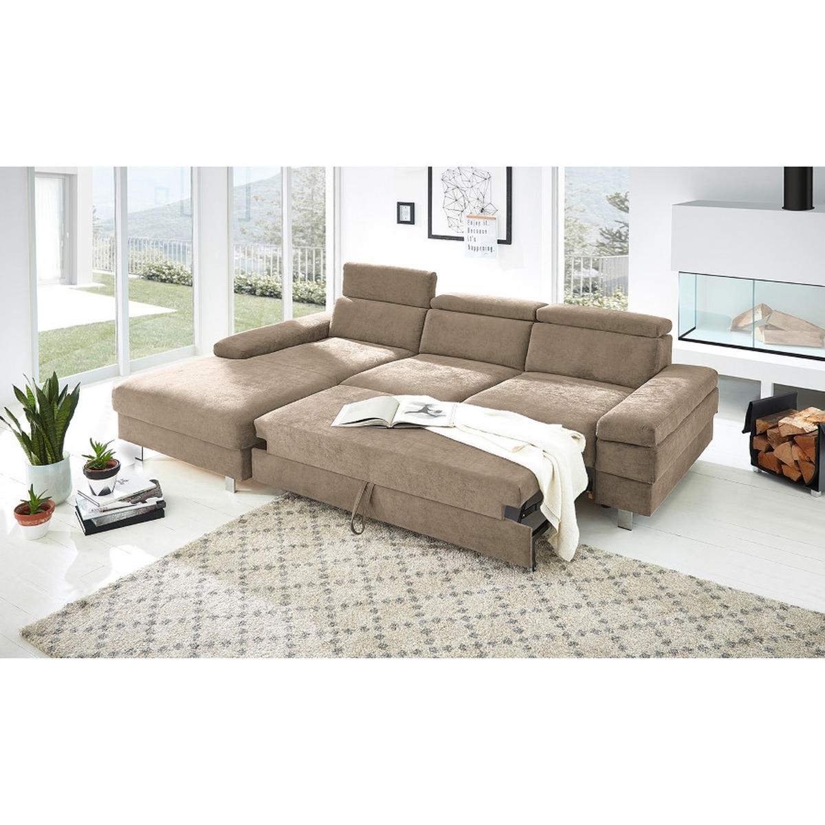 ECKSOFA in Webstoff Schlammfarben  - Schlammfarben/Silberfarben, Konventionell, Textil/Metall (260/82/182cm) - Trendmanufaktur