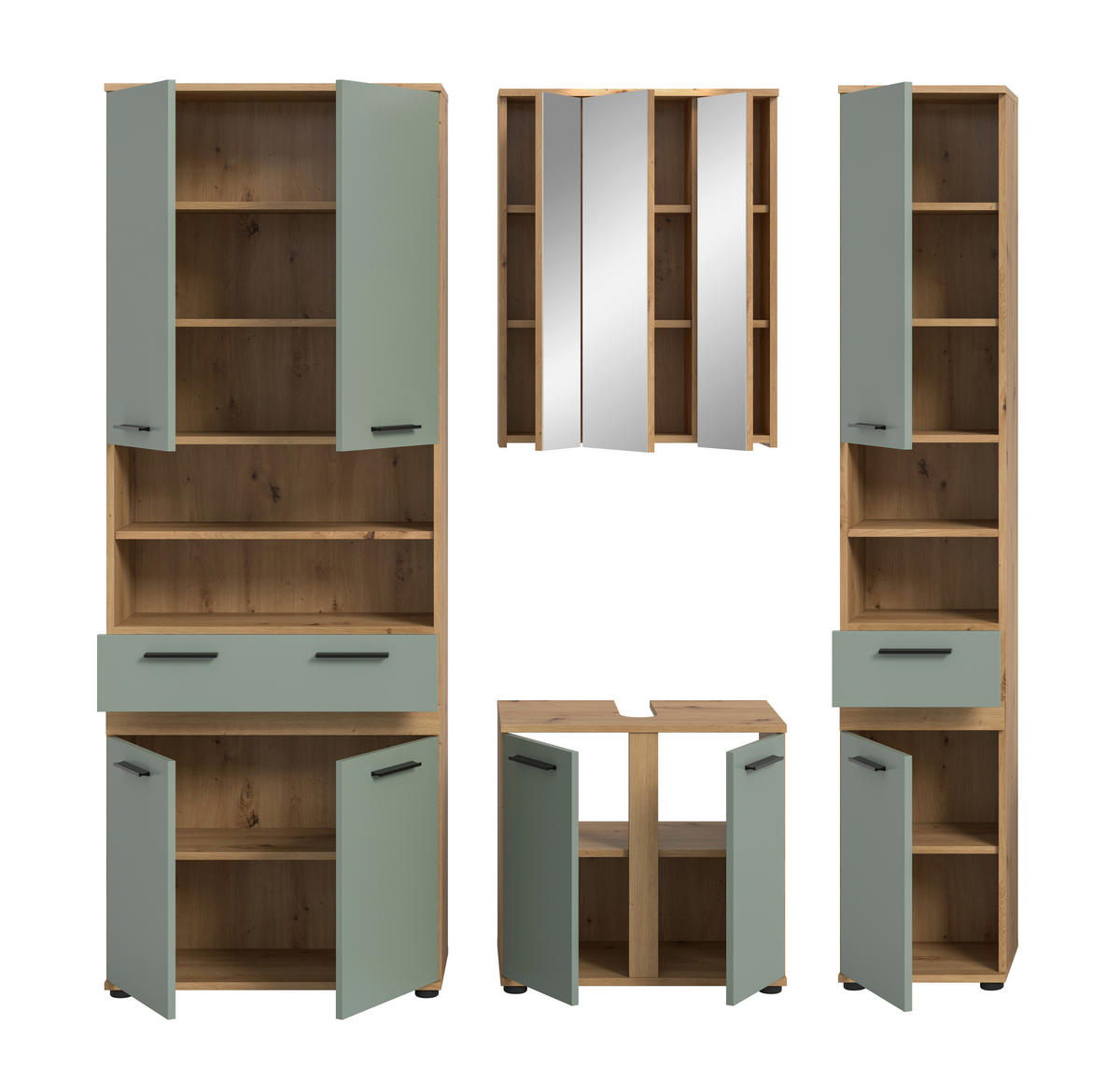 BADEZIMMER 4-teilig  in 195 cm  - Salbeigrün/Schwarz, Trend, Glas/Holzwerkstoff (195cm) - MID.YOU