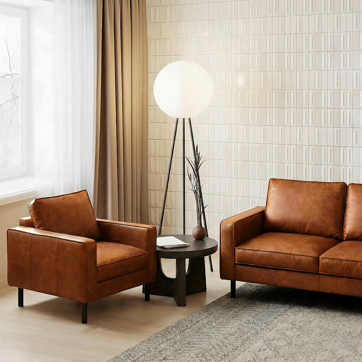 SESSEL Lederlook Echtleder Cognac  - Cognac/Schwarz, Design, Leder/Textil (88/85/92cm) - Livetastic