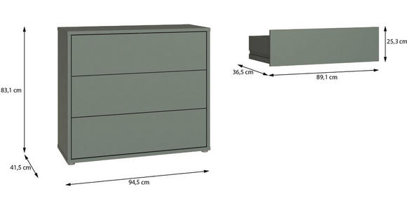 KOMMODE , 95/83/42 cm, 3 Schublade(n)  - Salbeigrün/Silberfarben, Trend, Holzwerkstoff/Kunststoff (95/83/42cm) - Carryhome