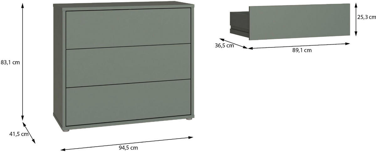 KOMMODE , 95/83/42 cm, 3 Schublade(n)  - Salbeigrün/Silberfarben, Trend, Holzwerkstoff/Kunststoff (95/83/42cm) - Carryhome