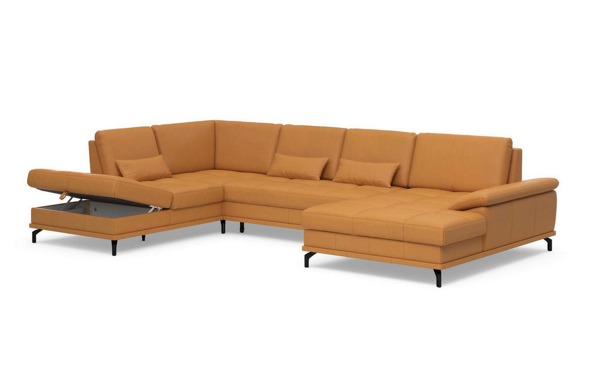 WOHNLANDSCHAFT COSTELLO E Currygelb Kombination Echtleder/Stoff Mikrofaser  - Currygelb/Schwarz, Basics, Leder/Textil (223/363/176cm) - Sit & More
