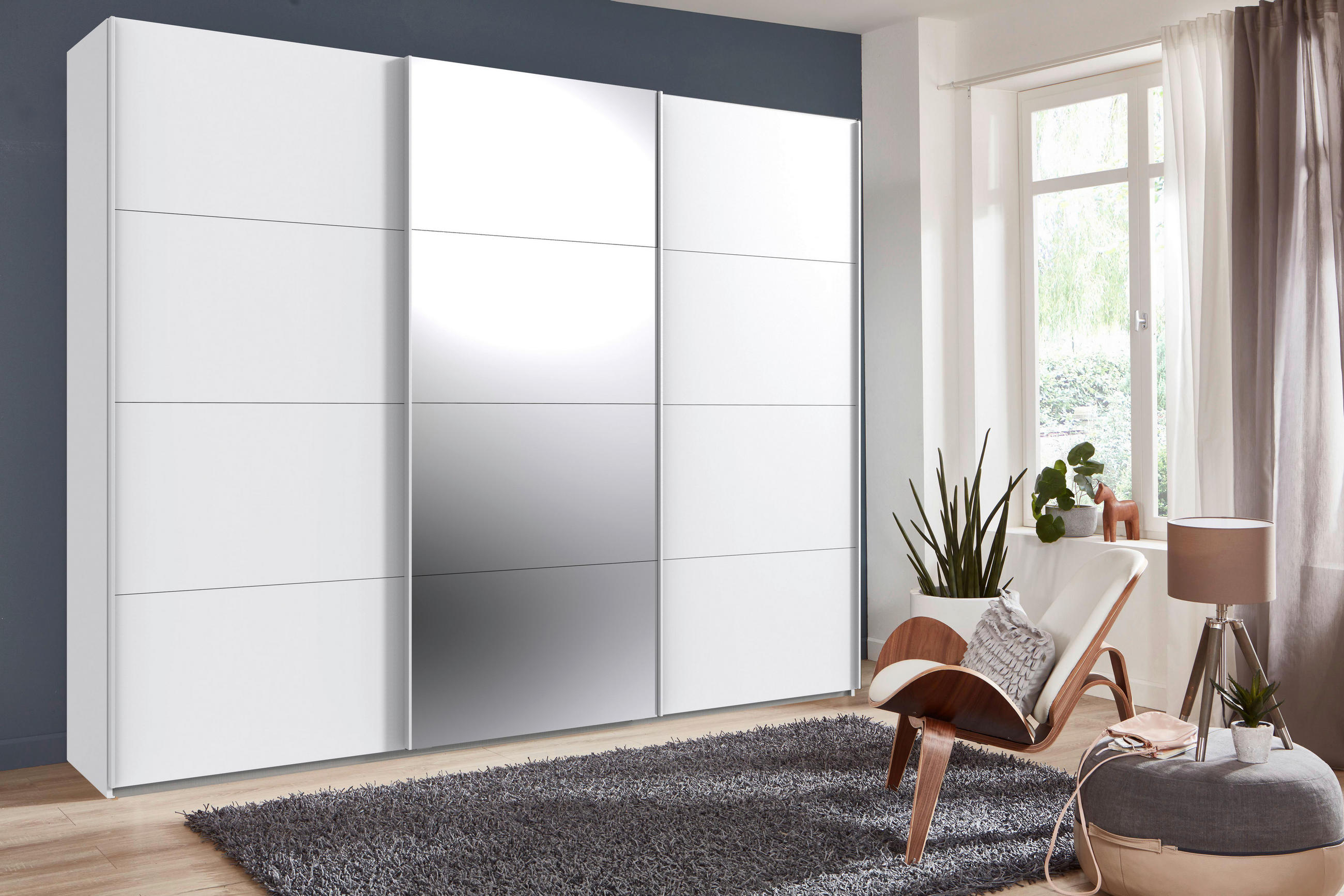 SCHWEBETÜRENSCHRANK 270/236/64 cm 3-türig Weiß  - Weiß, MODERN, Glas/Holzwerkstoff (270/236/64cm) - MID.YOU