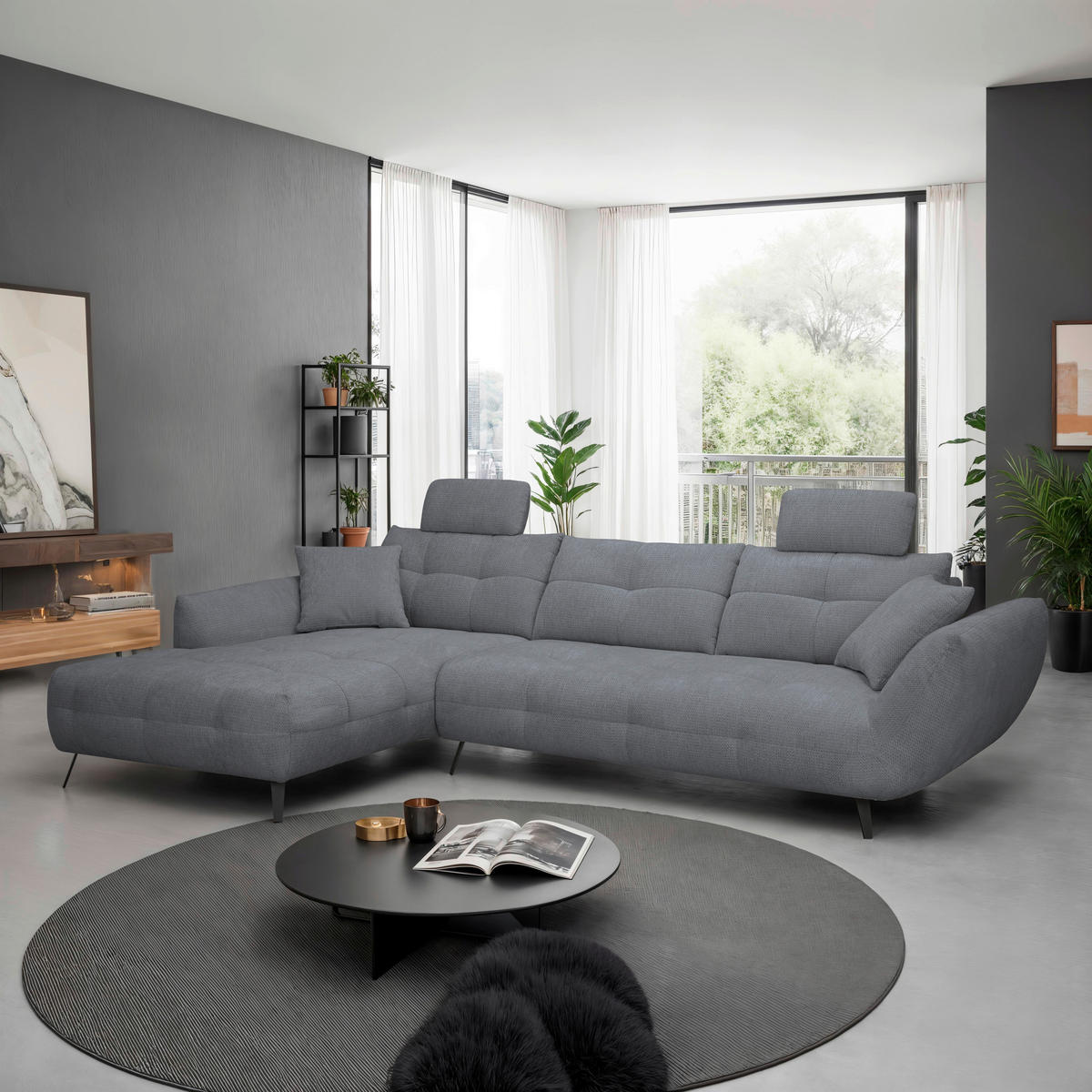 ECKSOFA Dunkelgrau Chenille Armlehnenkissen, Rücken echt, Sitztiefenverstellung  - Dunkelgrau/Schwarz, KONVENTIONELL, Textil/Metall (215/313cm) - Hom`in