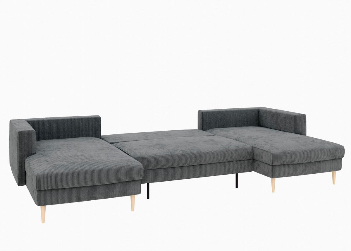 WOHNLANDSCHAFT Dunkelgrau Cord  - Dunkelgrau/Buchefarben, MODERN, Holz/Textil (161/306/161cm) - Trendmanufaktur