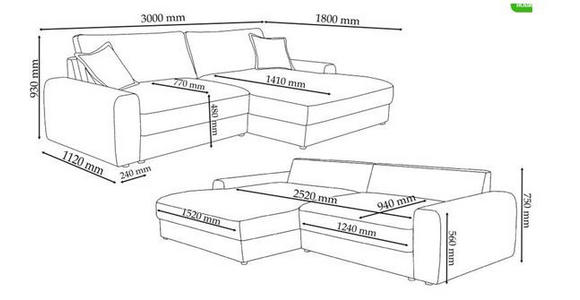 ECKSOFA Graublau Cord - Graublau/Schwarz, MODERN, Kunststoff/Textil (300/180cm) - Carryhome