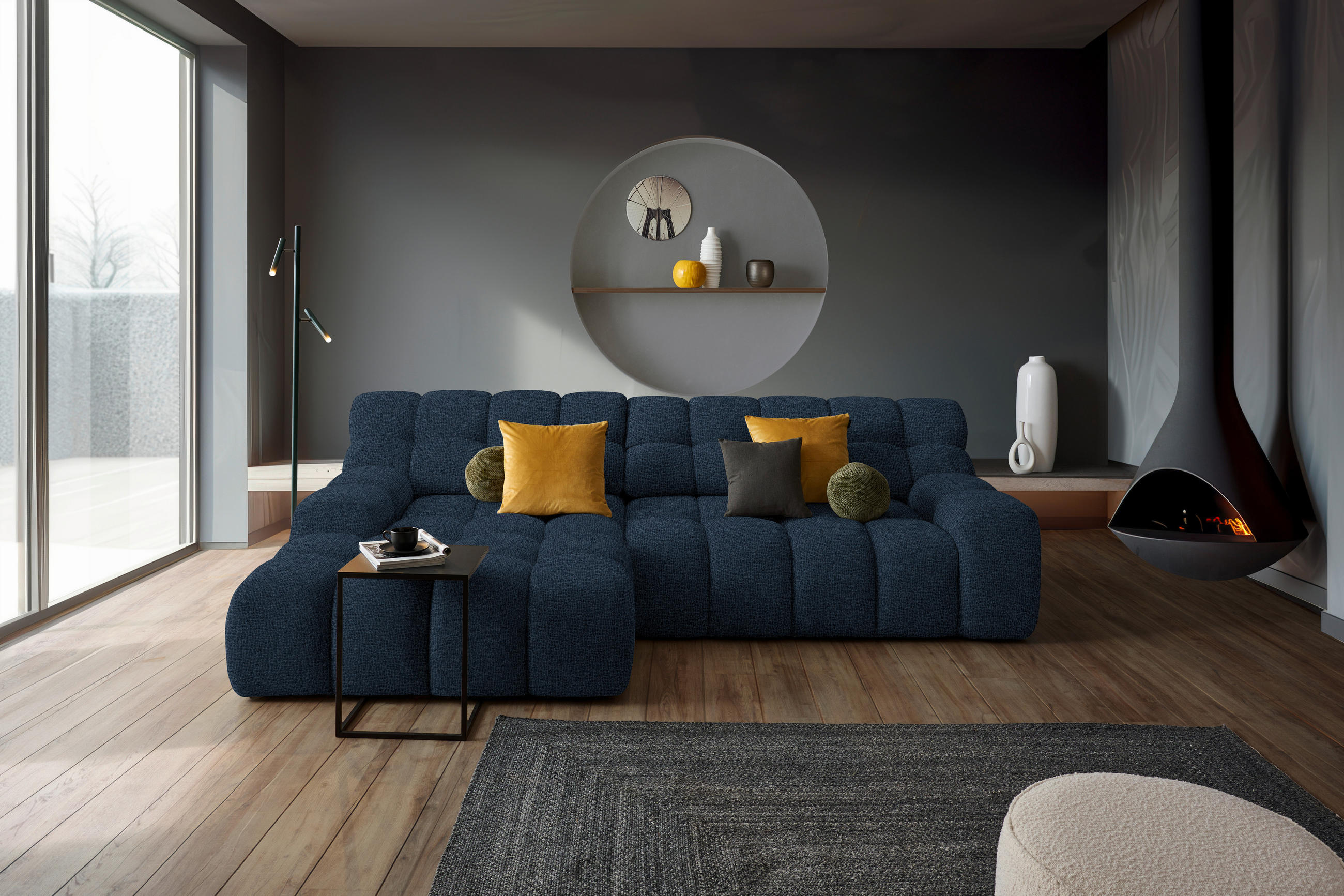 ECKSOFA in Webstoff Dunkelblau  - Schwarz/Dunkelblau, Modern, Kunststoff/Textil (180/297cm) - Welnova