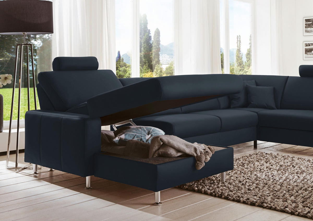 WOHNLANDSCHAFT in Echtleder Dunkelblau  - Alufarben/Dunkelblau, Design, Leder/Metall (165/339/233cm) - Beldomo Premium
