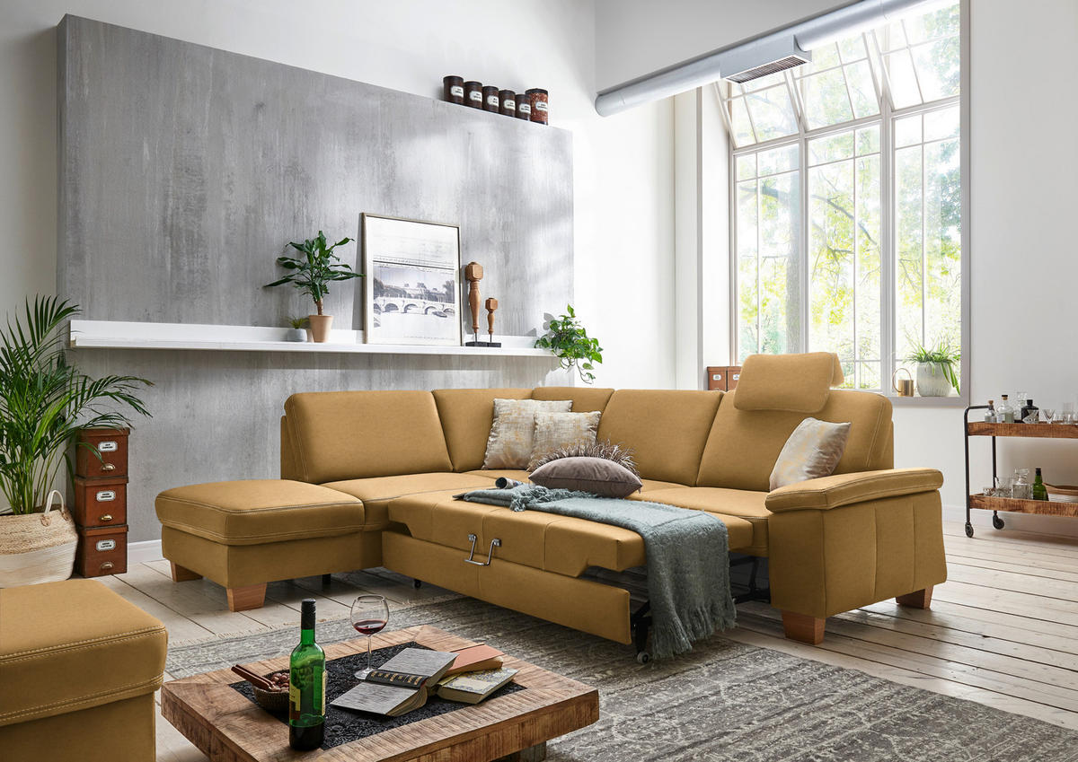 ECKSOFA  in Echtleder Currygelb  235/274 cm  - Currygelb/Eichefarben, KONVENTIONELL, Leder/Holzwerkstoff (235/274cm) - Beldomo Premium