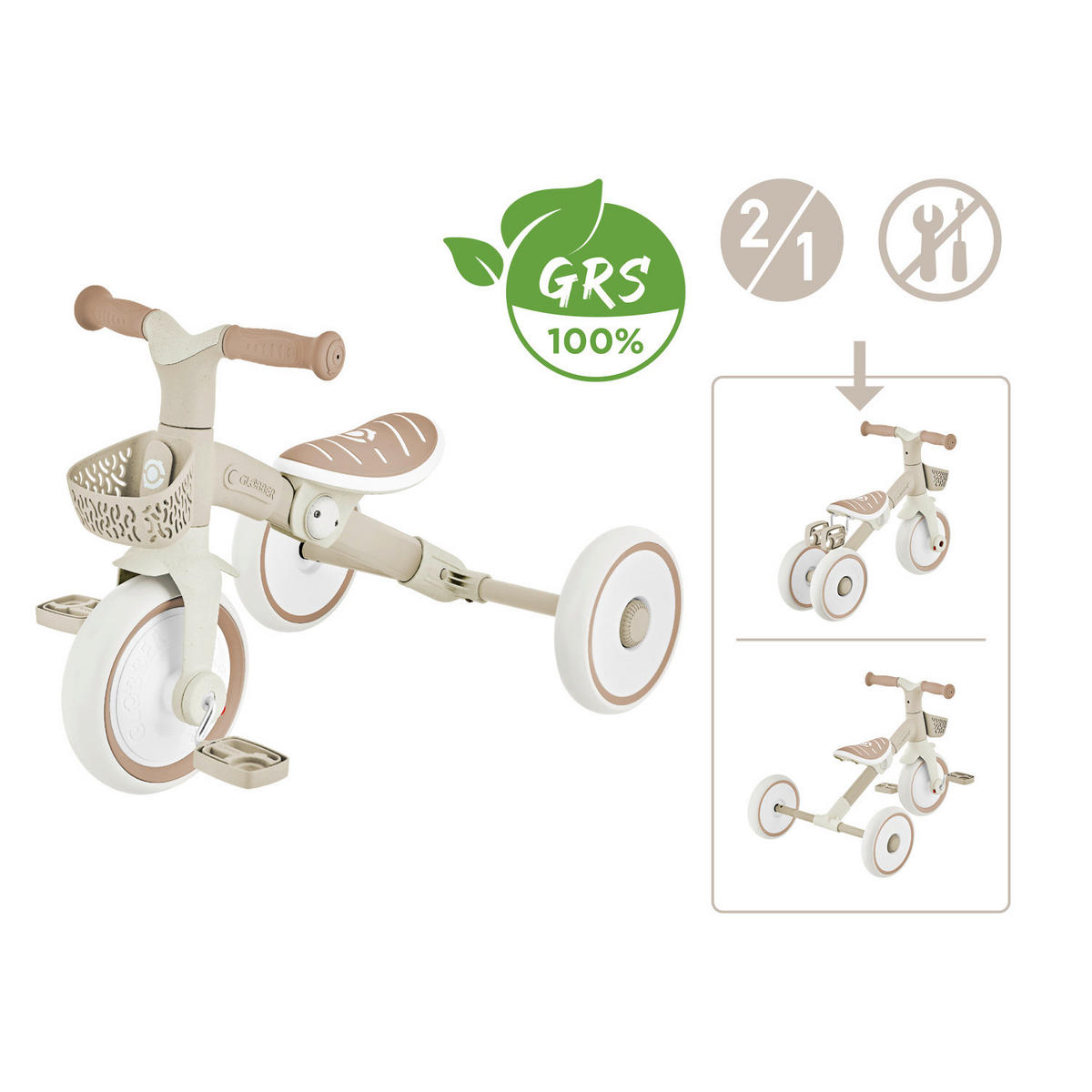 DREIRAD LEARNING TRIKE 2in1 PLUS ECO  - Taupe, Basics, Kunststoff (58.9/41.0/42.7cm) - GLOBBER
