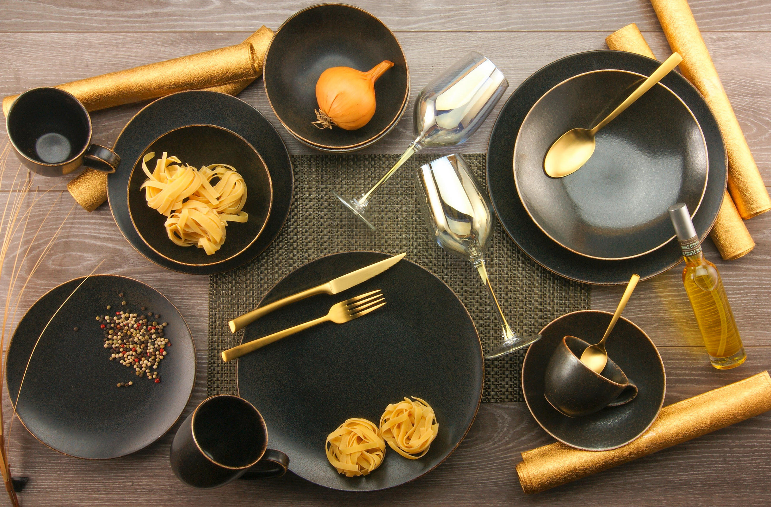 KOMBISERVICE Rusty 20-teilig  - Goldfarben/Schwarz, Design, Keramik (33/34/34cm) - Creatable