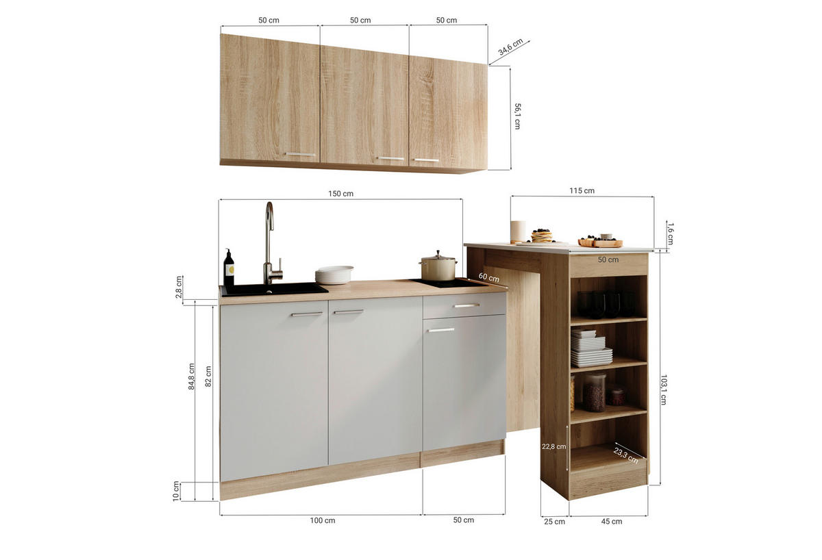 MAJHNA KUHINJA - črna/barve hrasta, Design, umetna masa/leseni material (150cm) - Respekta