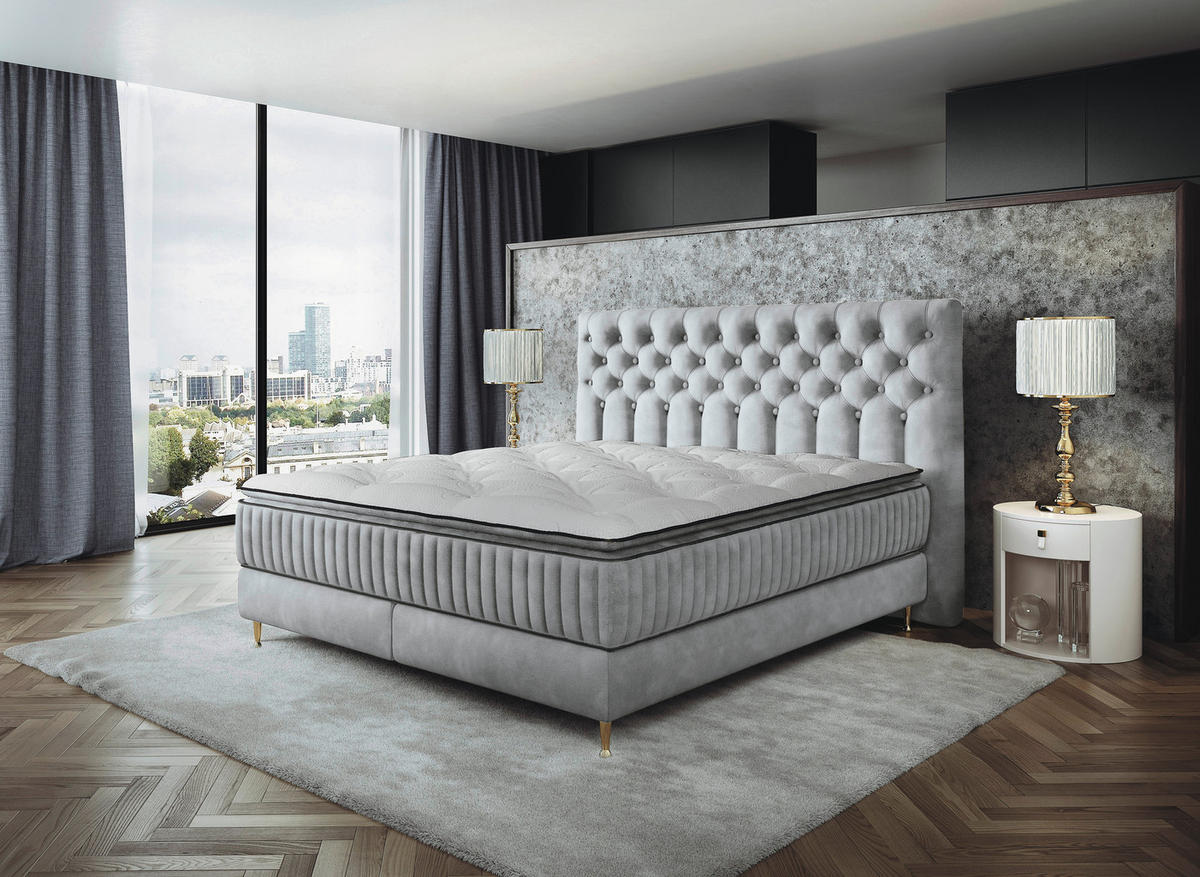 BOXSPRINGBETT 180/200 cm,  in Hellgrau, Matratze, gepolstertes Kopfteil, Topper,  - Goldfarben/Hellgrau, Design, Textil/Metall (180/200cm) - Boxxx